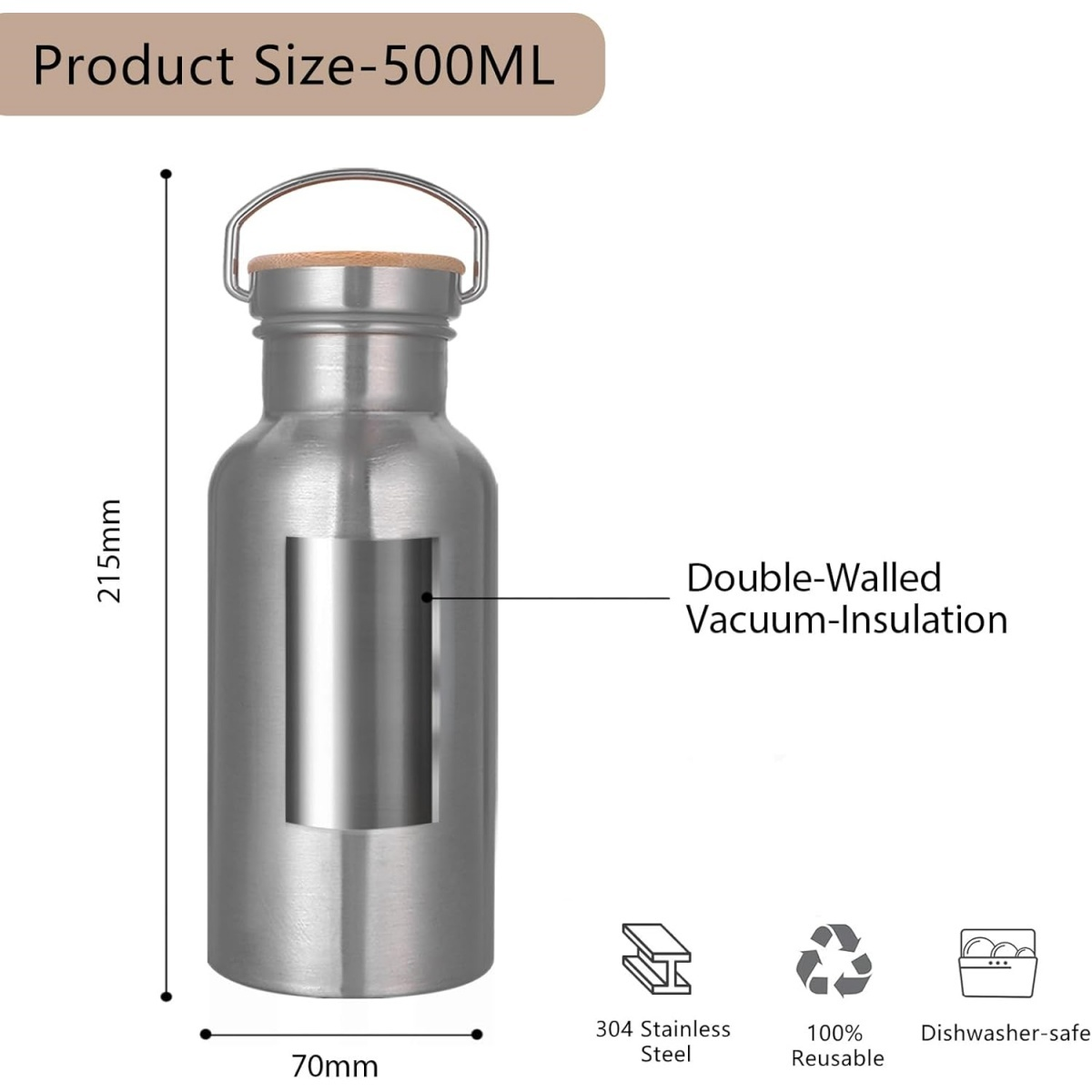 Eine silberne, isolierte Wasserflasche mit Holzdeckel und Griff. Text zeigt 500 ml, 215 mm hoch und 70 mm breit.