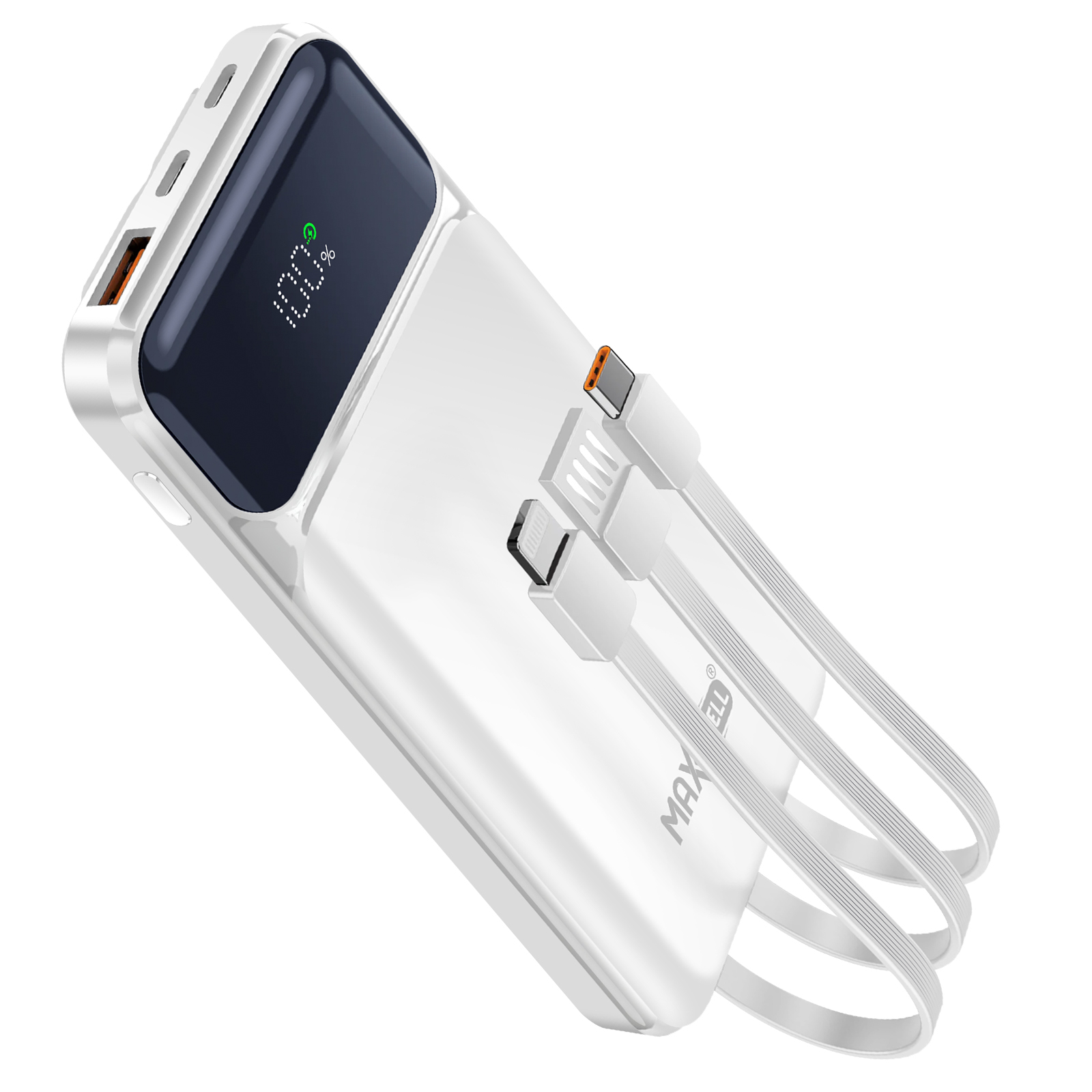 Banco de energía blanco con tres cables de carga. La pantalla muestra 100%. Los cables incluyen conectores USB-C, Lightning y micro-USB.