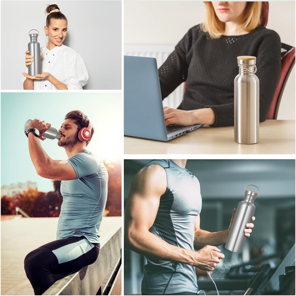 Vier Bilder zeigen Personen mit silbernen Wasserflaschen. Sie werden von einer Frau, einem trinkenden Mann und einem anderen Mann im Fitnessstudio gehalten.