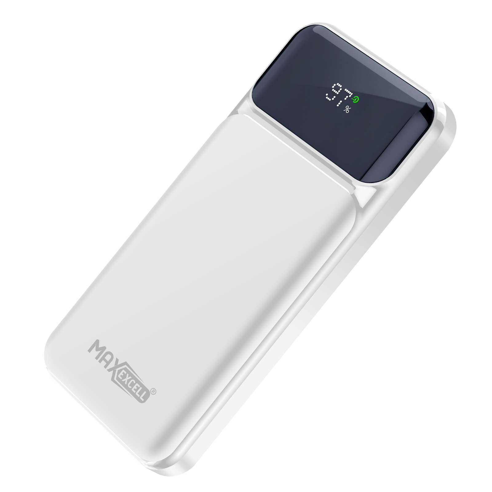 Batería externa blanca con pantalla negra que muestra 97% de carga. La marca MAXEXCELL es visible. Sobre un fondo blanco.
