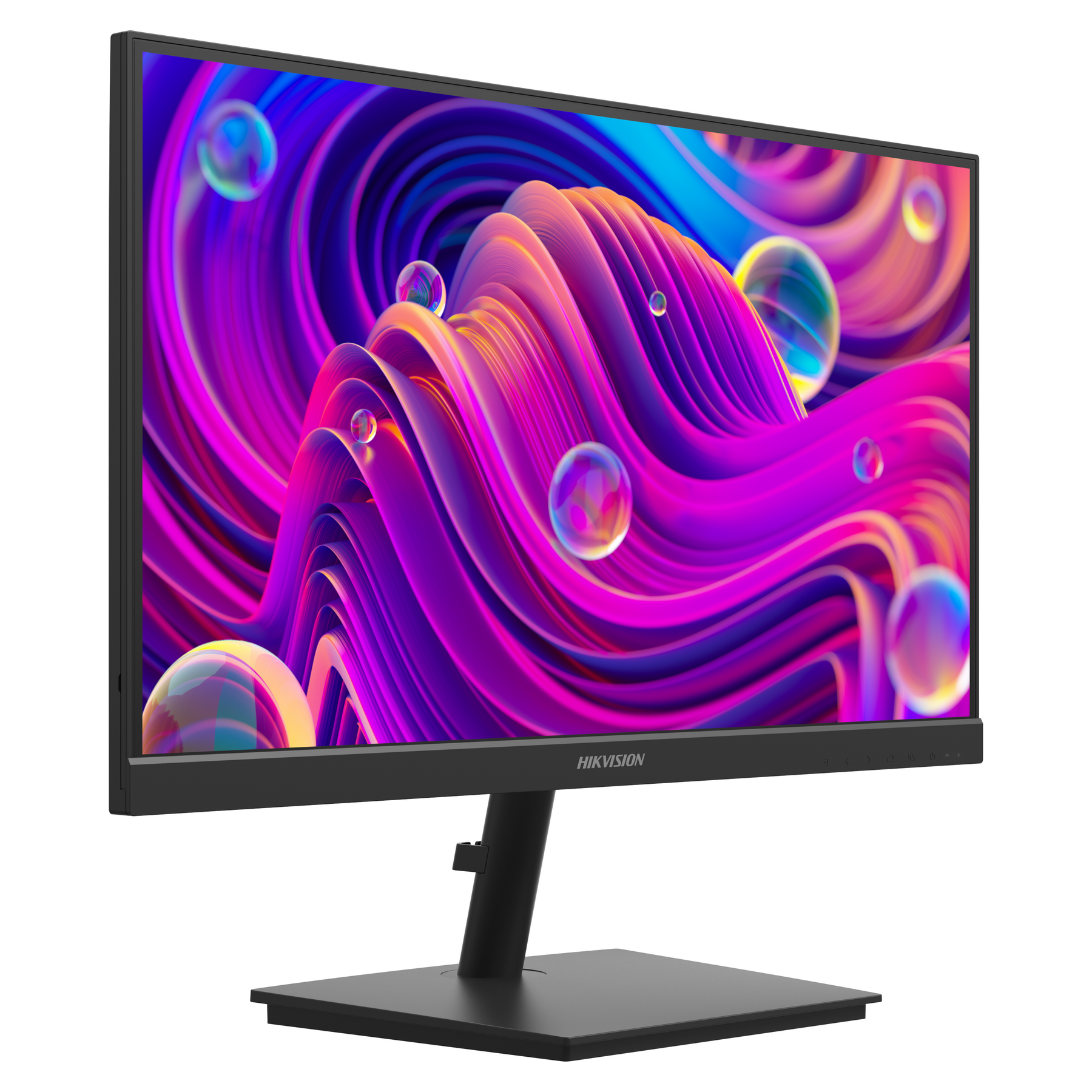Monitor komputera wyświetla kolorowy abstrakcyjny obraz z bąbelkami. Ma czarną ramkę i podstawę, z marką HIKVISION.