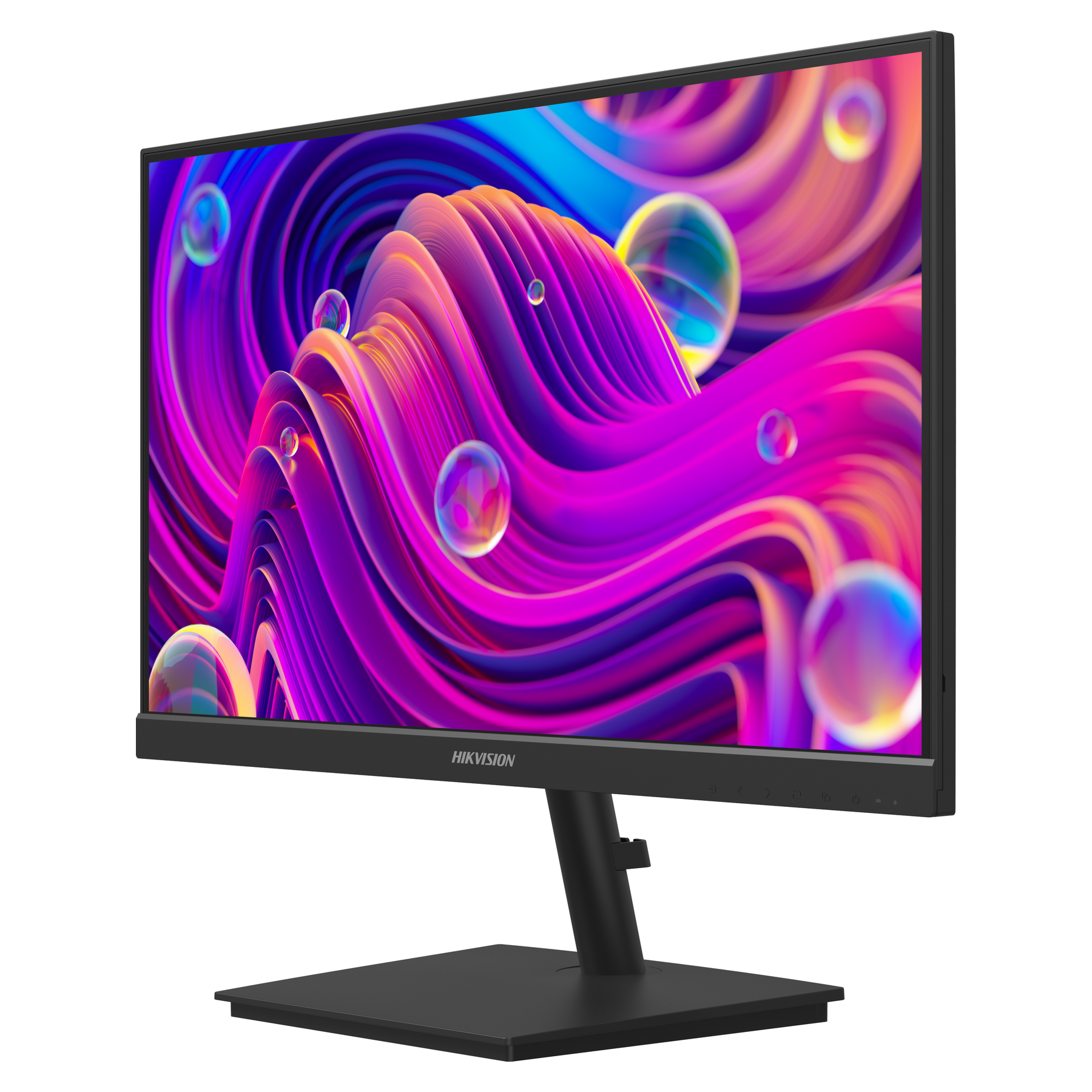 Monitor komputera wyświetla kolorowe abstrakcyjne tło. Ma czarną podstawę. Marka to Hikvision.