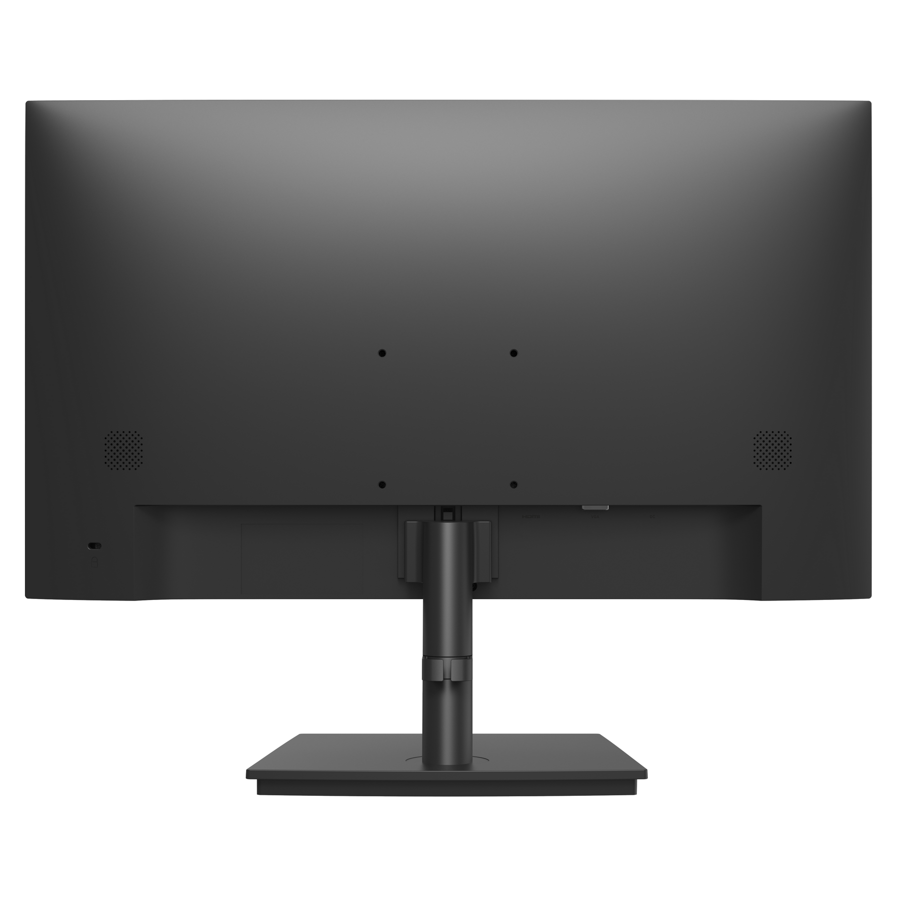 Widok z tyłu czarnego monitora komputerowego. Ma podstawę i prostokątną podstawę. Widoczne są różne porty i otwory wentylacyjne.