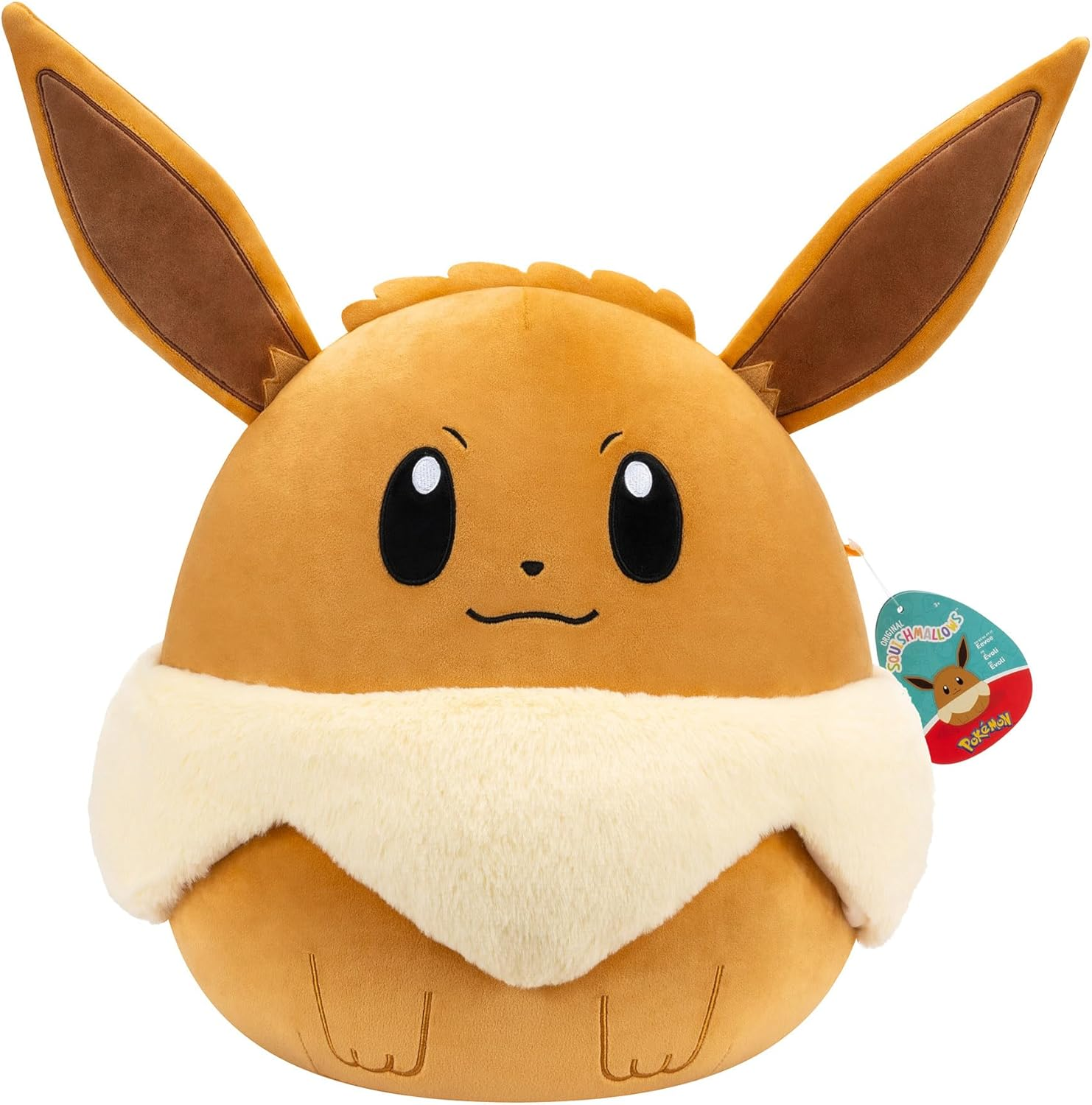 Ein Plüschtier von Evoli mit großen Ohren, schwarzen Augen, einem kleinen Lächeln und einem cremefarbenen Pelzkragen. Ein Etikett mit dem Pokemon-Logo ist angebracht.