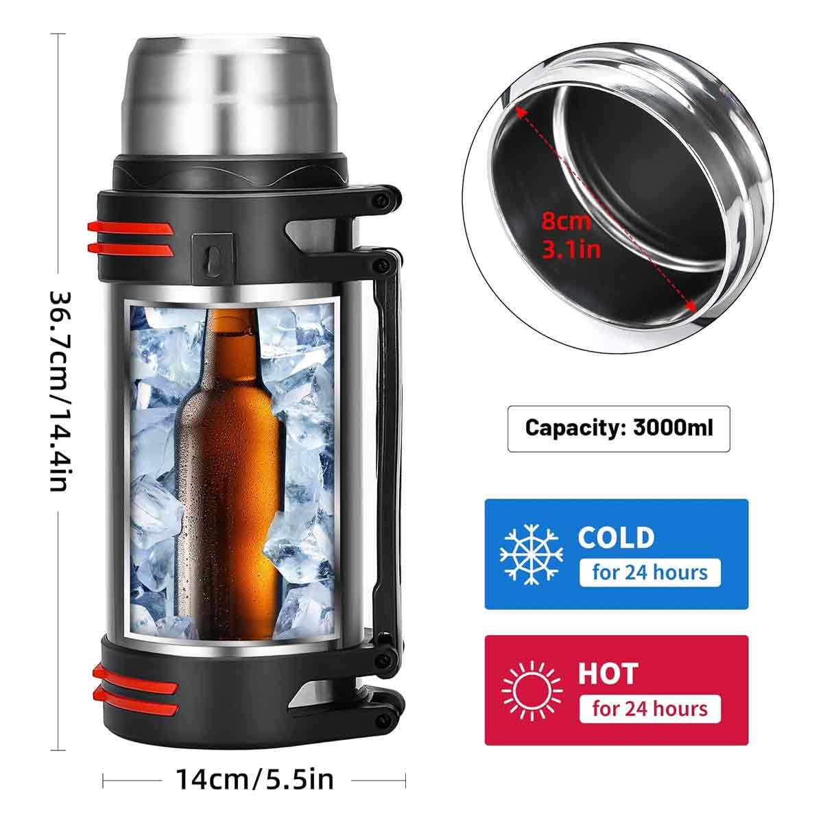 Eine schwarze und silberne Isolierflasche mit einer Flasche im Inneren, Eis und Texten: kalt, heiß für 24 Stunden.