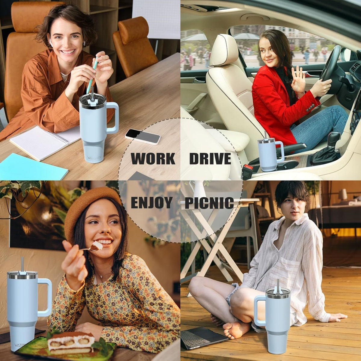 Vier Szenen: Arbeiten, Autofahren, Picknick und Entspannung. Jede Szene zeigt eine Person mit einem hellblauen Becher.