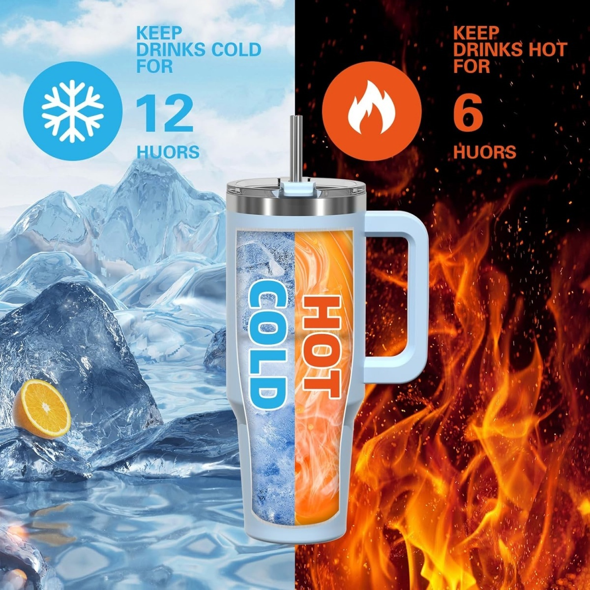 Ein Becher mit kalten und heißen Abschnitten. Eis und eine Schneeflocke links, Feuer und eine Flamme rechts. Hält Getränke kalt/heiß.
