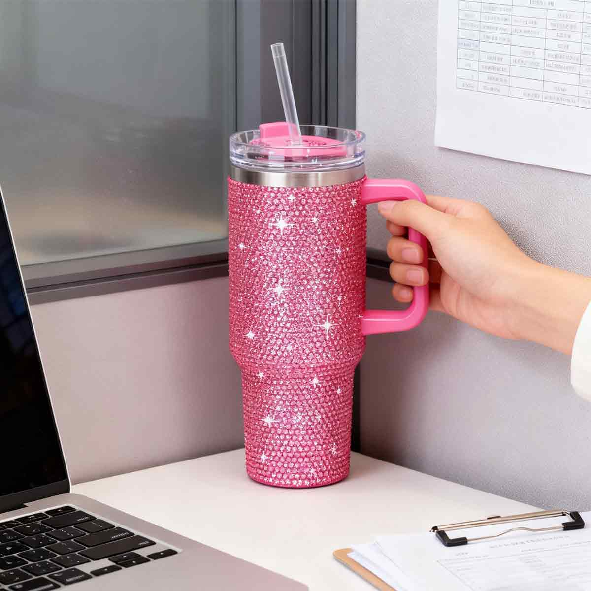 Eine Hand hält einen rosa, mit Strasssteinen besetzten Becher mit Strohhalm. Er steht auf einem Schreibtisch mit Laptop und Papieren.