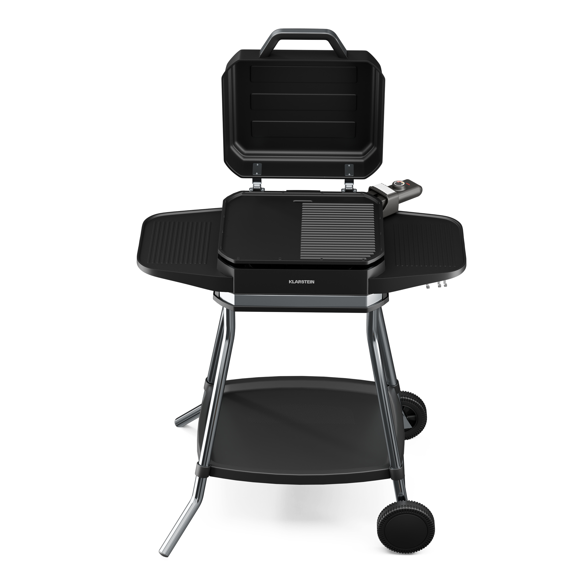 Ein schwarzer elektrischer Klarstein-Grill ist geöffnet, der Deckel ist oben. Er hat eine Grillfläche, Seitentische und ein unteres Regal.