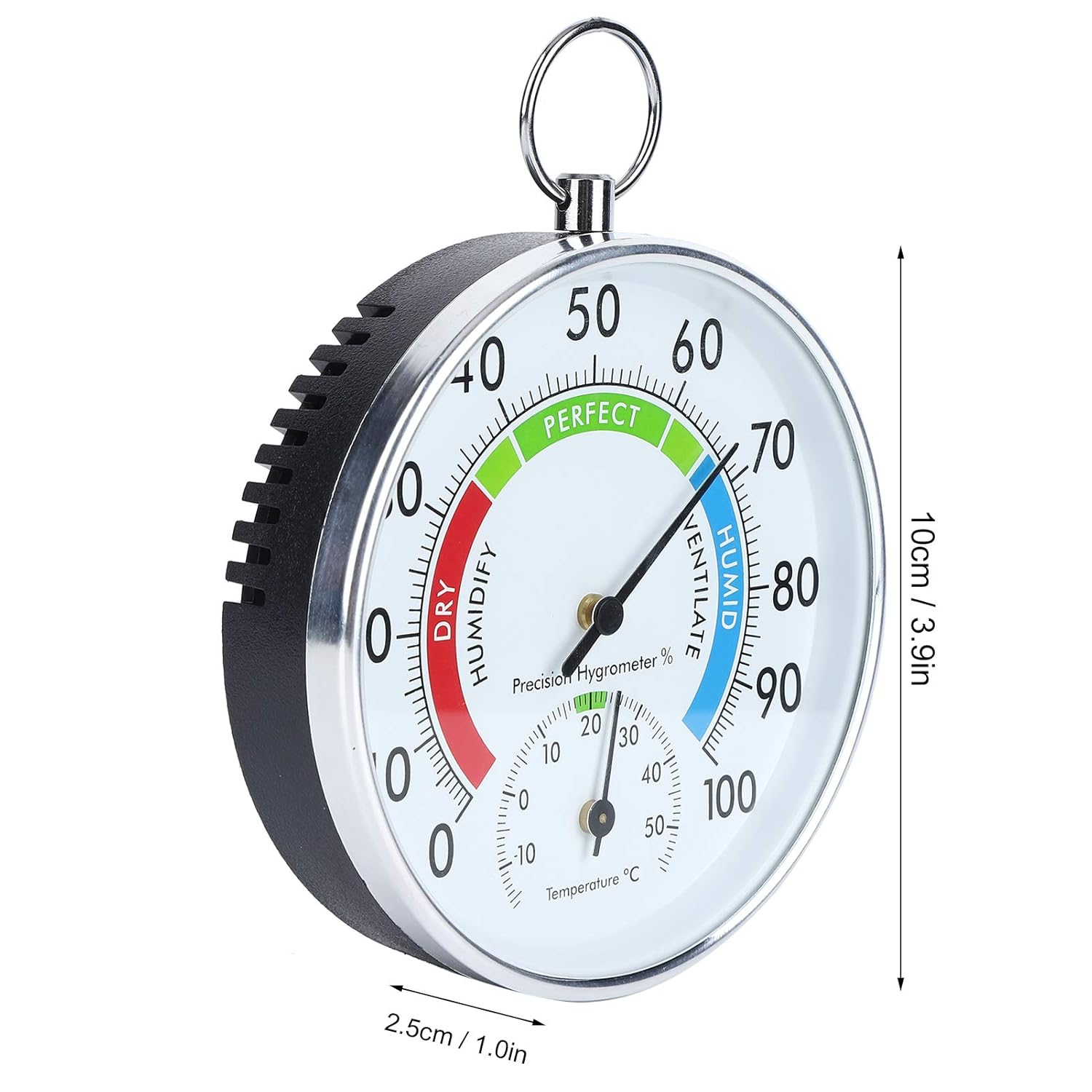 Ein rundes Hygrometer mit Metallring. Es zeigt Luftfeuchtigkeit und Temperatur an. Die Skala ist mit 'Dry' und 'Humid' beschriftet.