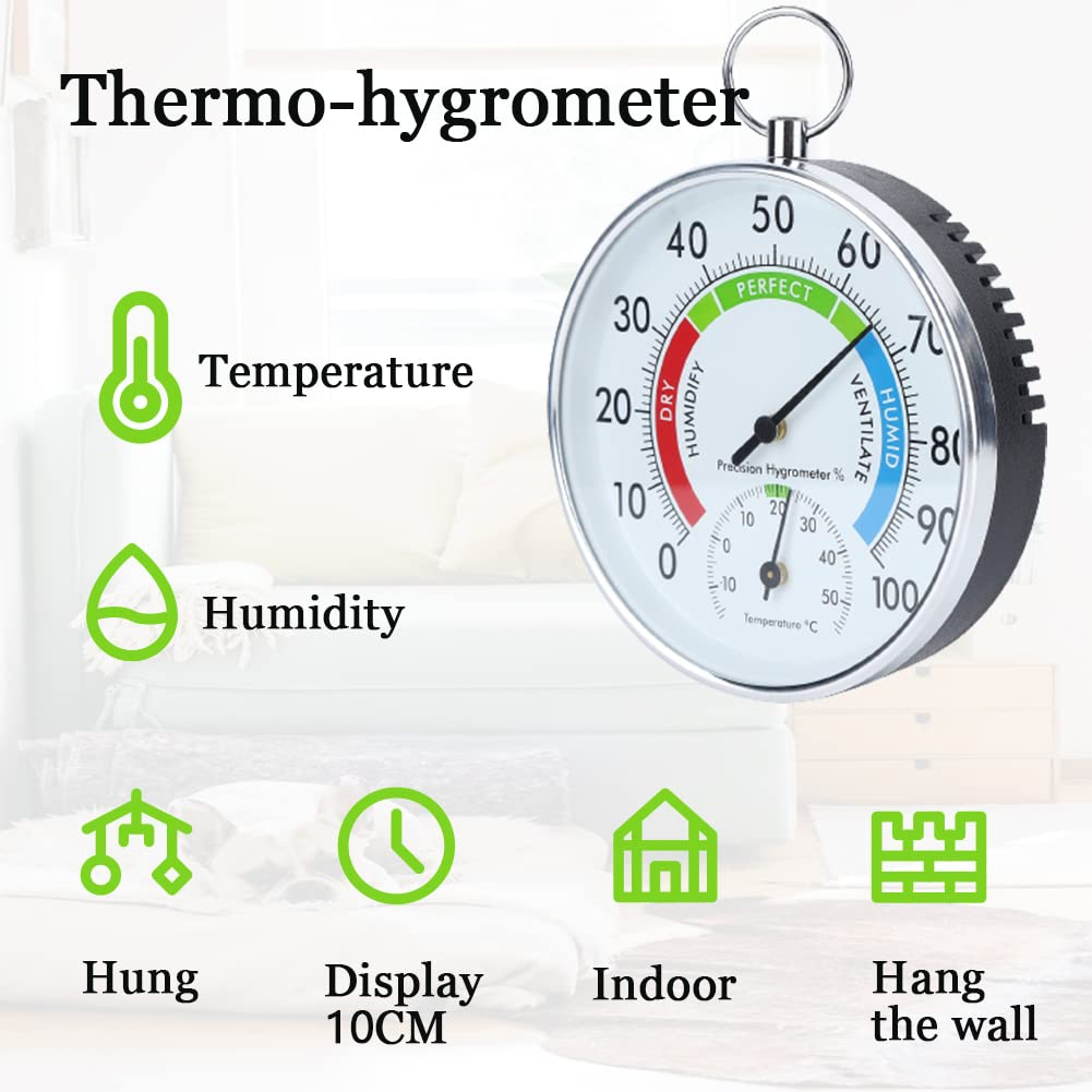 Ein Thermo-Hygrometer zeigt Temperatur und Luftfeuchtigkeit an. Es hat ein rundes Zifferblatt mit Anzeigen für perfekte, trockene und feuchte Bedingungen.