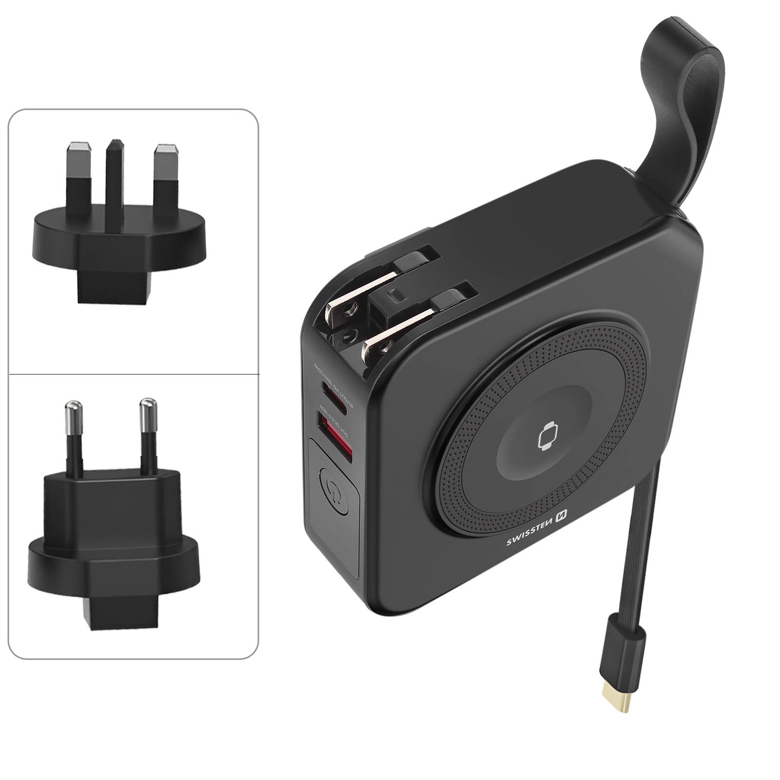 Adaptador multi-enchufe negro con enchufes del Reino Unido y europeos. Cuenta con una plataforma de carga inalámbrica y cable retráctil.