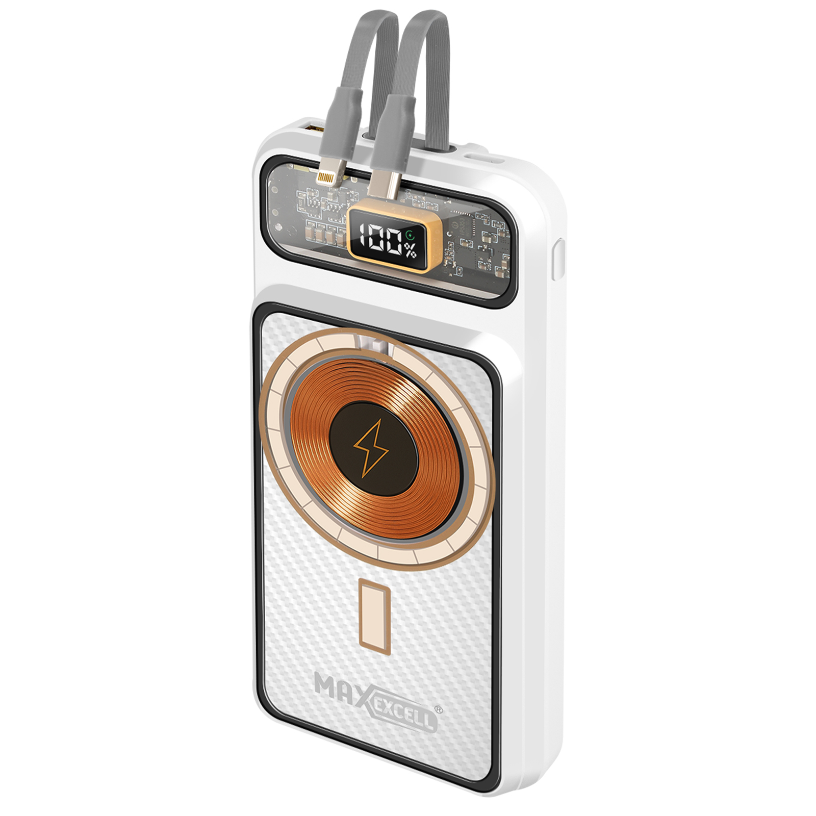 Power bank bianca con due cavi grigi. Mostra il 100% di carica. È visibile una bobina di rame con un fulmine.