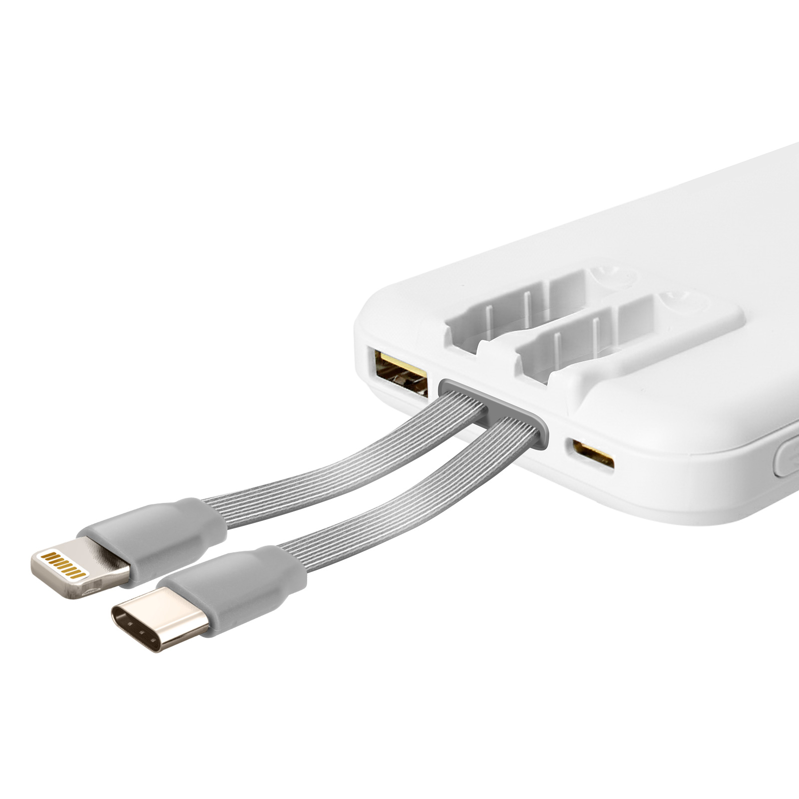 Power bank bianco con due cavi grigi, uno Lightning e uno USB-C, che escono dalla parte superiore.