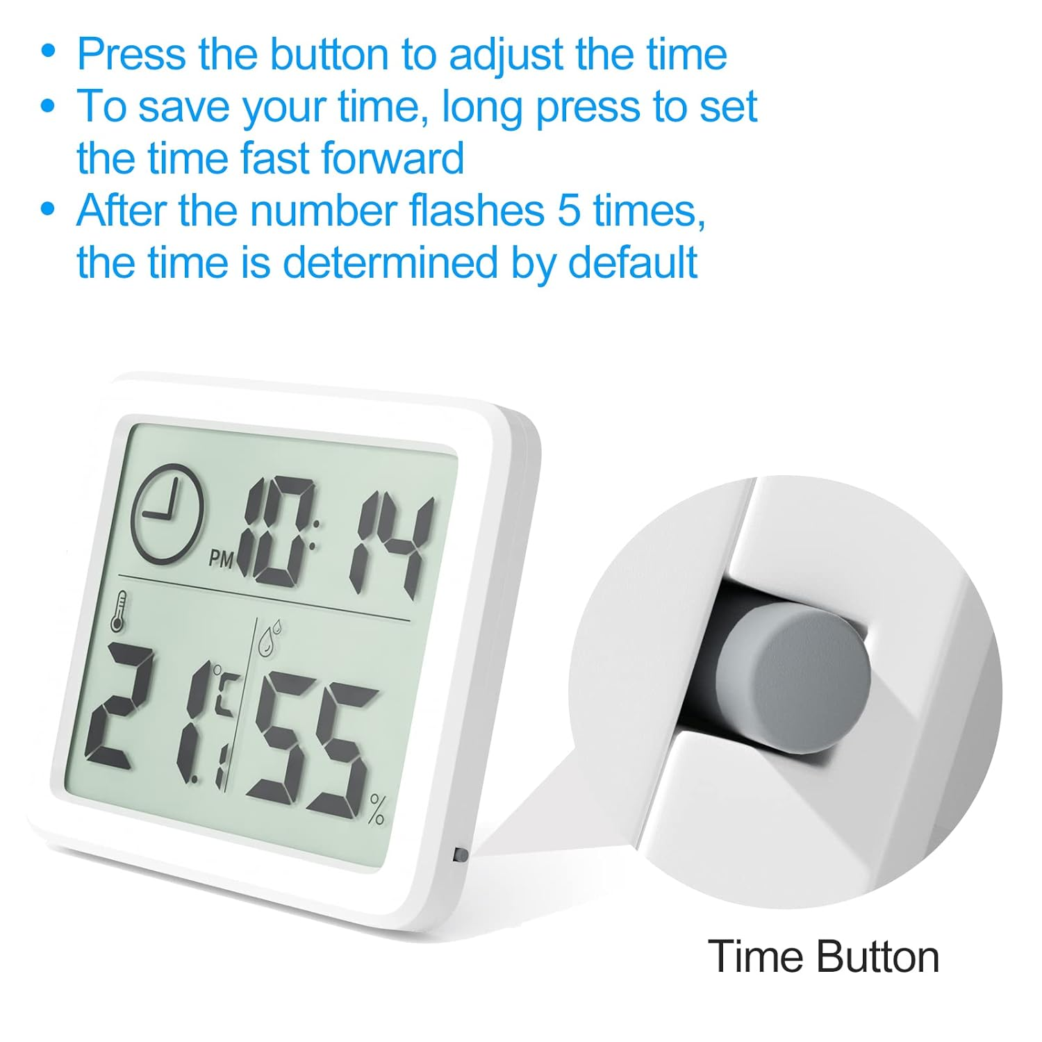 Eine weiße Digitaluhr zeigt die Zeit an. Eine graue Taste ist mit 'Time Button' beschriftet. Anweisungen stehen über der Uhr.