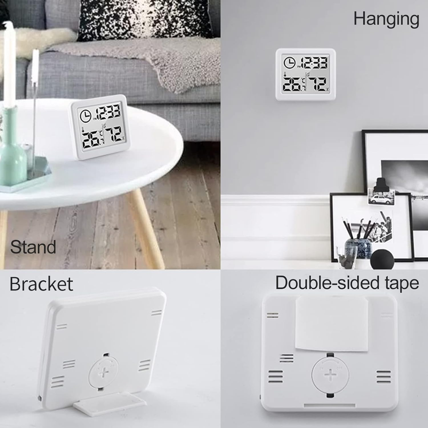 Vier Bilder zeigen eine Digitaluhr in verschiedenen Einstellungen: auf einem Tisch, an der Wand, mit Halterung und doppelseitigem Klebeband.