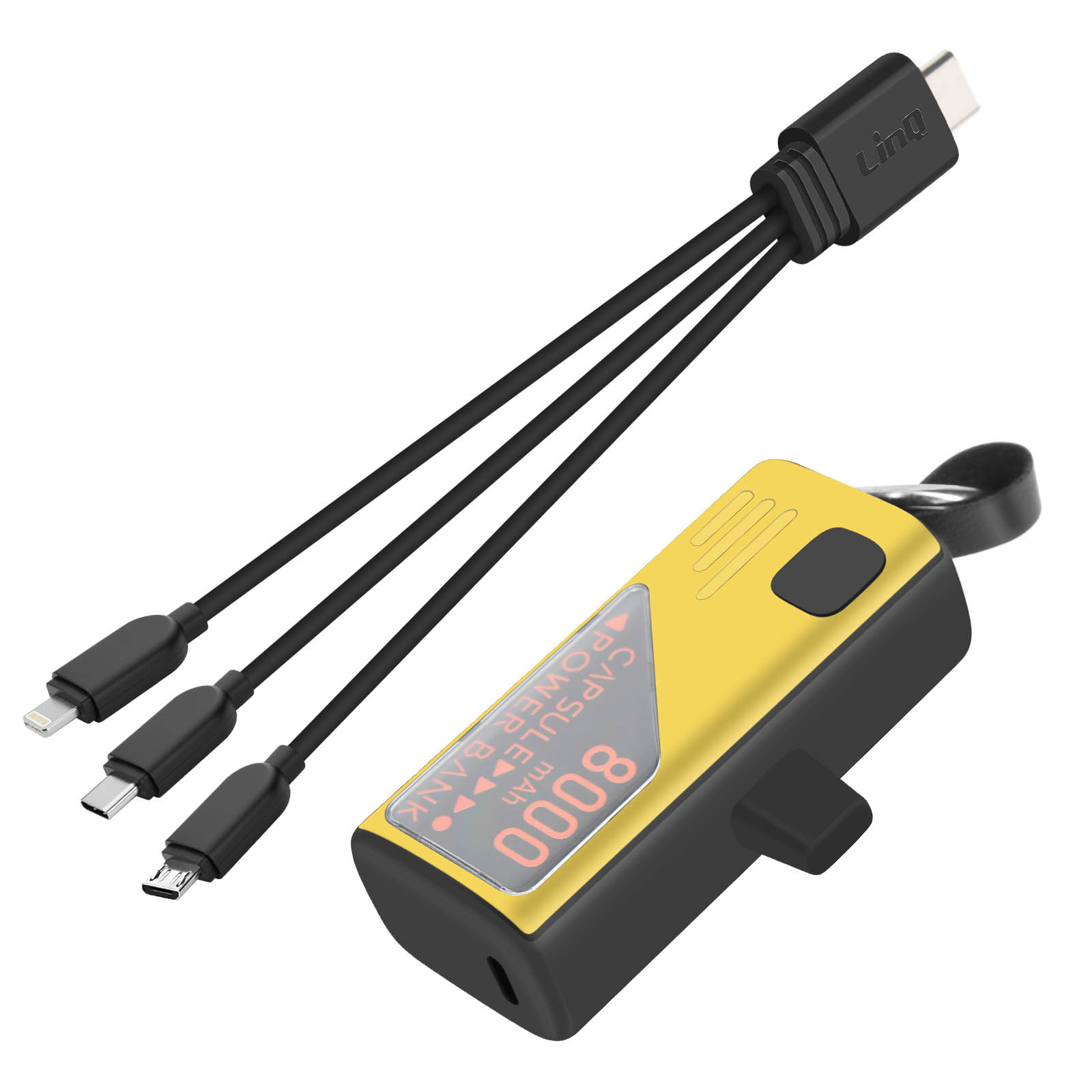 Power bank giallo e nero con tre cavi e connettori neri, include Lightning, USB-C e micro-USB.
