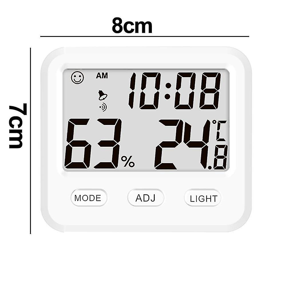 Eine weiße Digitaluhr zeigt Zeit, Luftfeuchtigkeit und Temperatur an. Sie zeigt 10:08 Uhr, 63 % und 24,8 °C an. Tasten: MODE, ADJ, LIGHT.