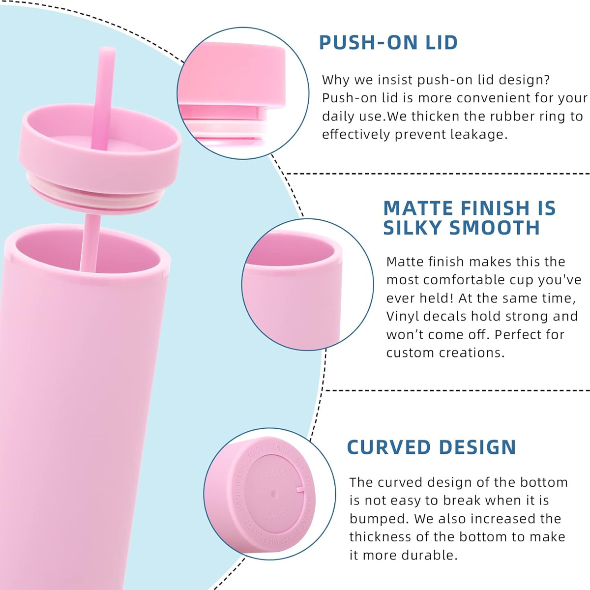 Rosa Tumbler mit Push-On-Deckel und Strohhalm, mit Details zu Design und Eigenschaften, wie der matten Oberfläche.