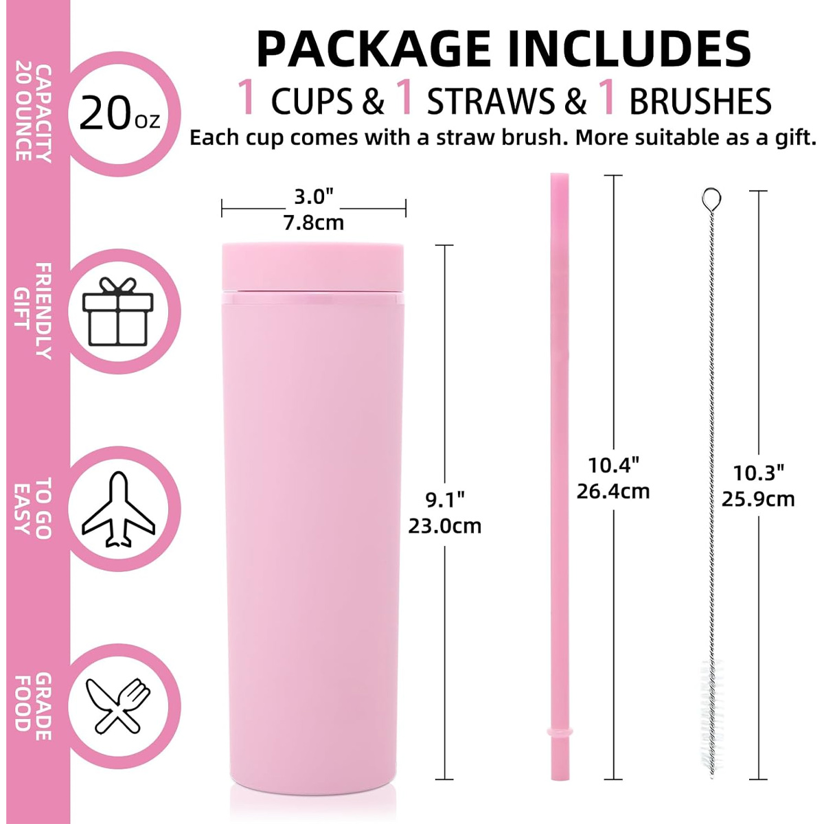 Rosa Becher mit Strohhalm, Bürste. Text: 20oz, Paket enthält 1 Becher, Strohhalm, Bürste. Für Geschenk oder einfache Verwendung.