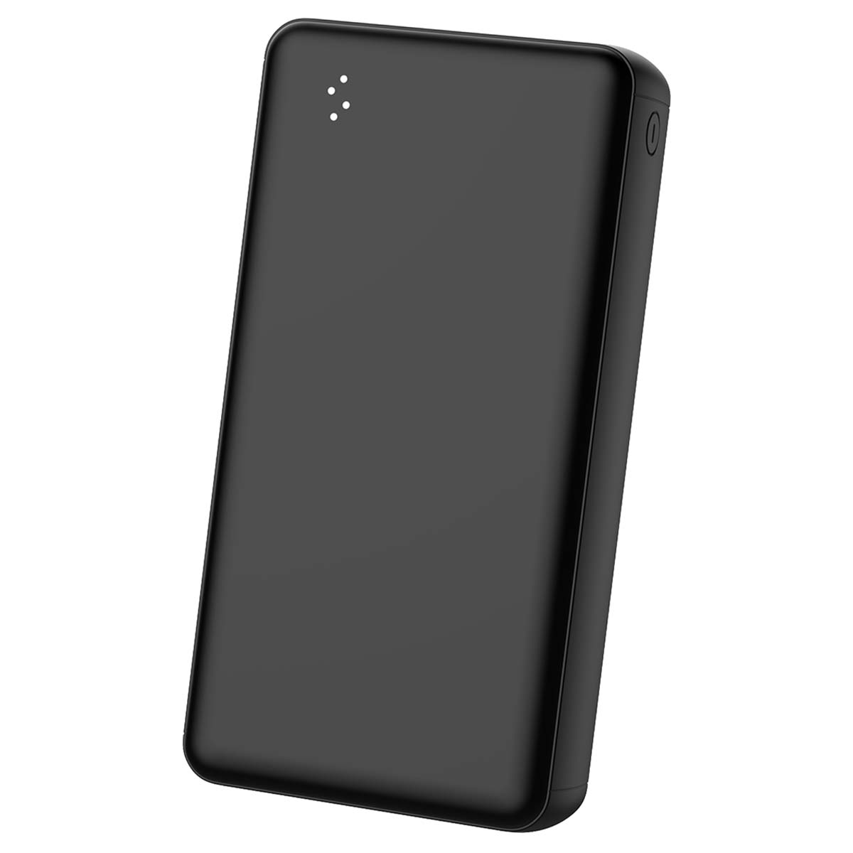 Une batterie externe noire avec une surface lisse. Elle a quatre petites lumières blanches et un bouton d'alimentation sur le côté.