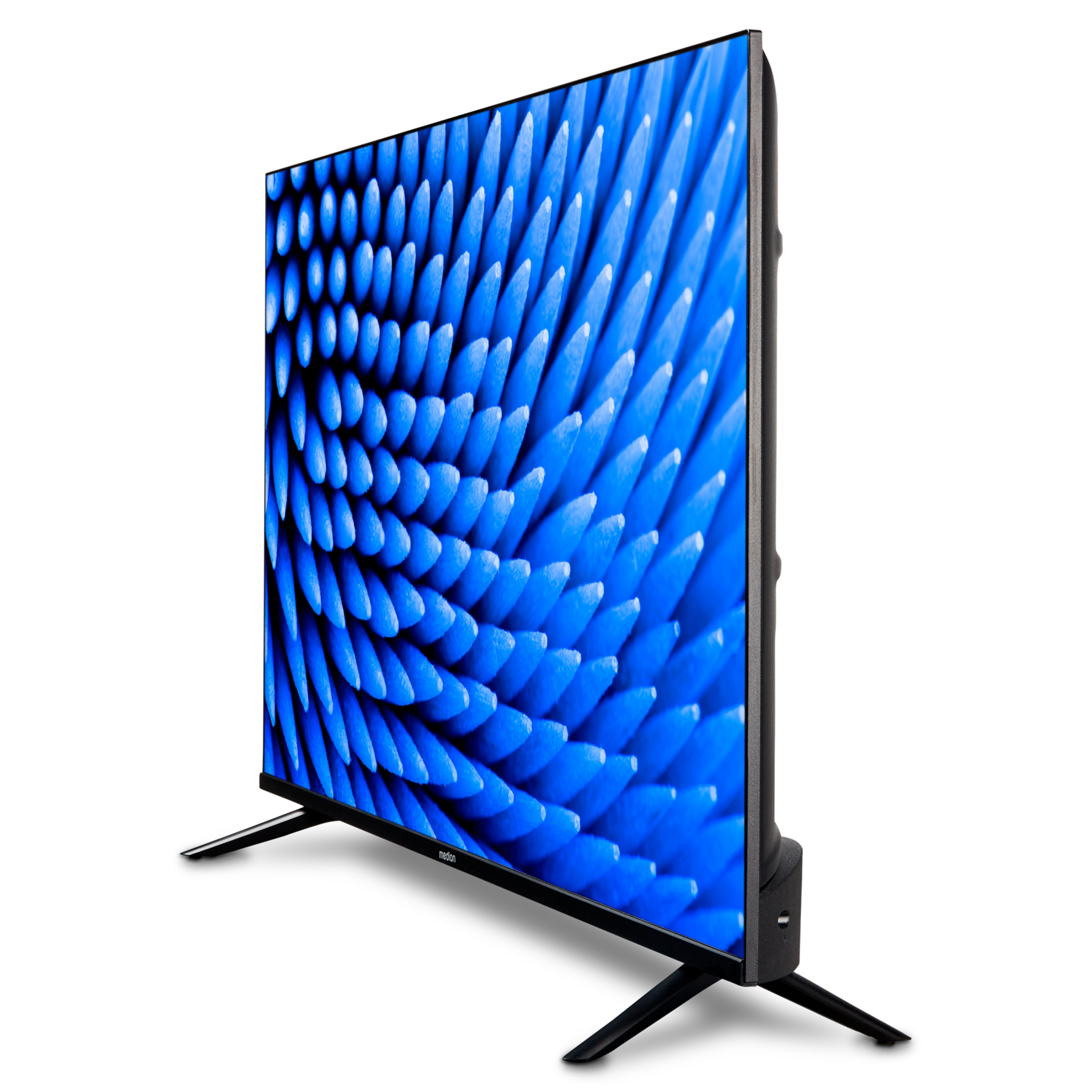 Een flatscreen-tv op een witte achtergrond. Het scherm toont een blauw, gestructureerd patroon. De tv heeft zwarte poten.