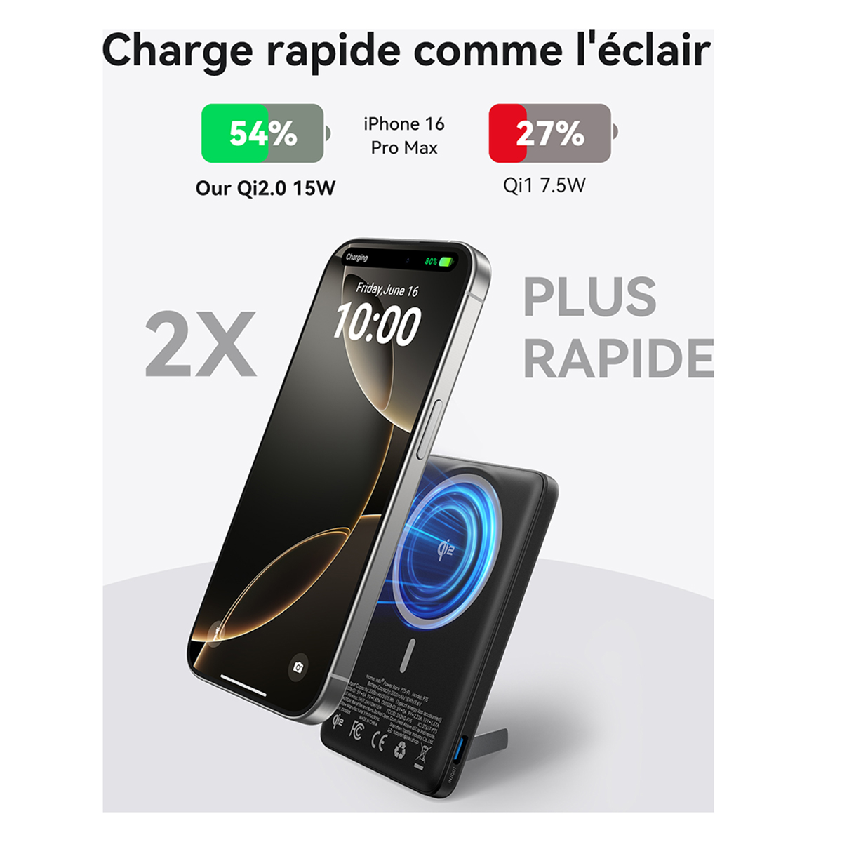 Ein Telefon, das kabellos auf einer schwarzen Powerbank geladen wird, mit Text, der einen Ladevergleich zeigt. Das Telefon zeigt 80% Ladung um 10:00 Uhr.