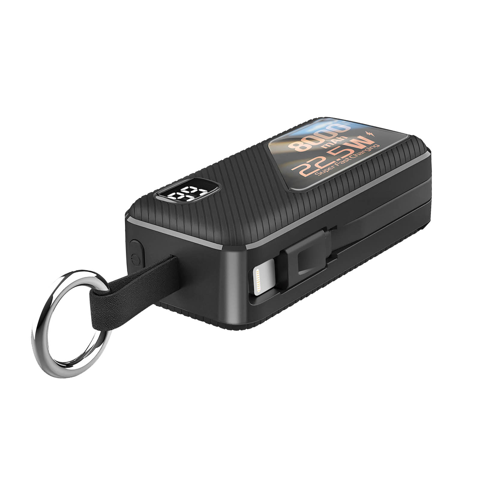 Une batterie externe noire avec affichage numérique des informations, un porte-clés et un port de charge. Surface striée.