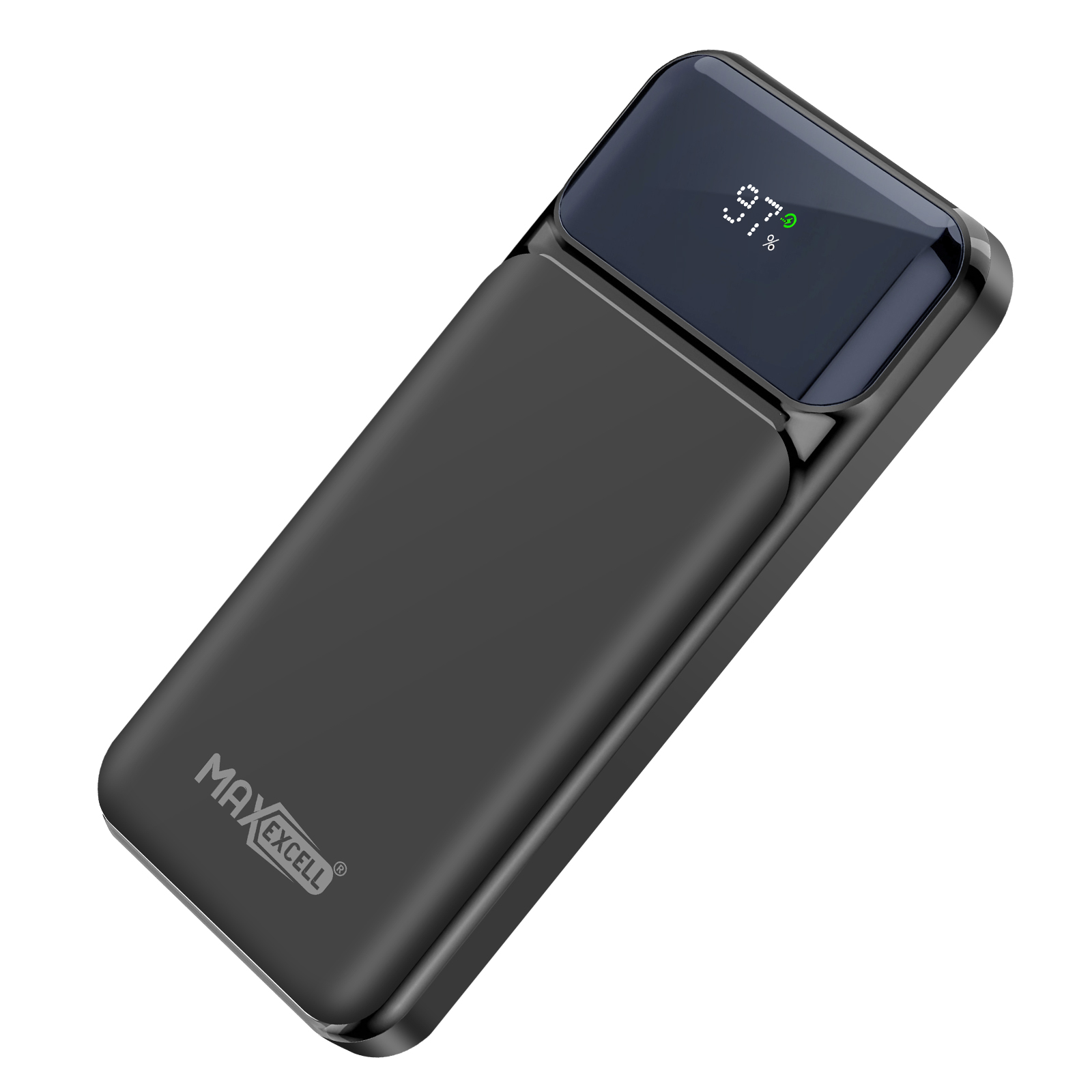 Un power bank nero con display digitale che mostra il 97%. Il marchio MAXEXCELL è stampato sul dispositivo.