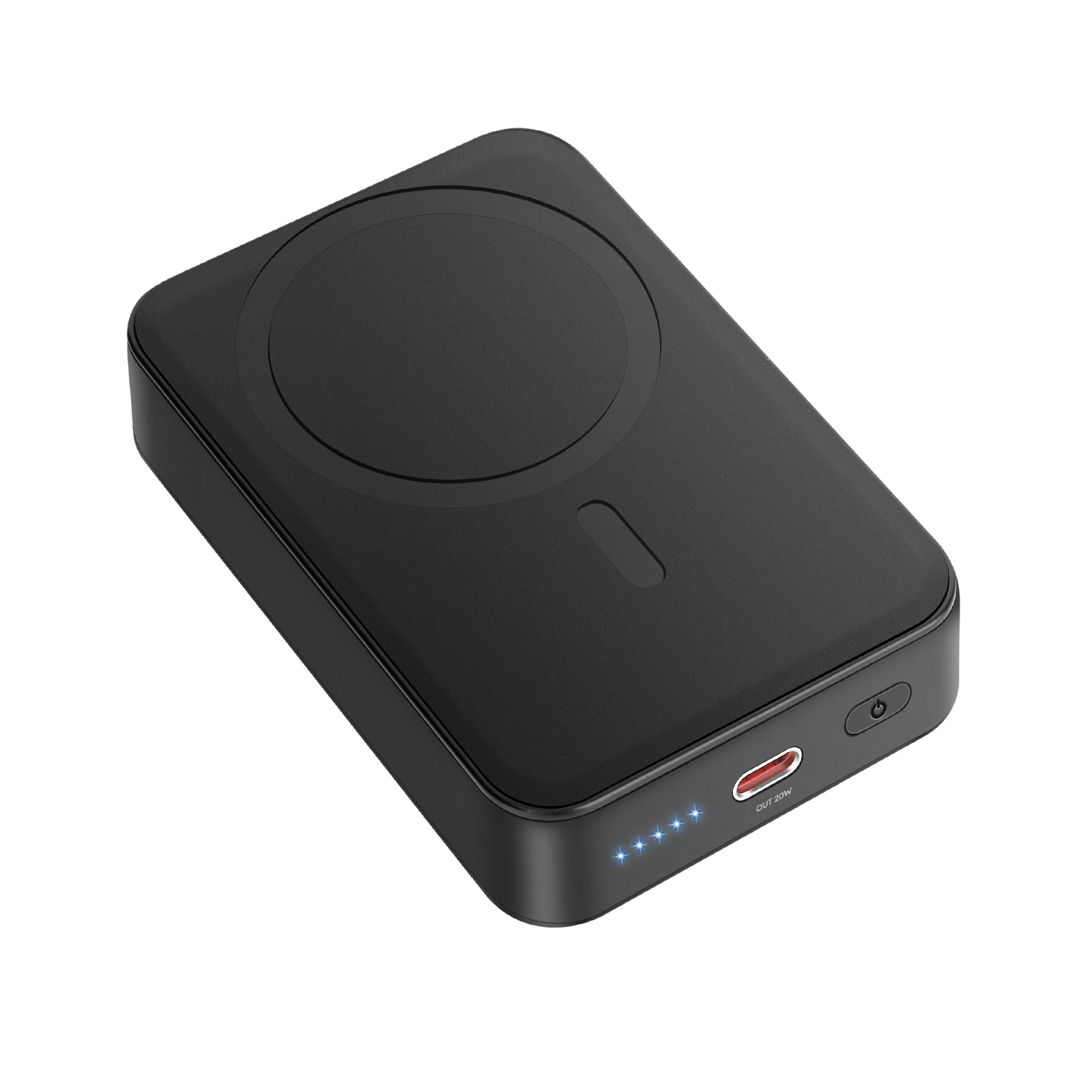Un caricabatterie wireless nero con un pad di ricarica. Ha una porta USB-C, un pulsante di accensione e luci a LED.