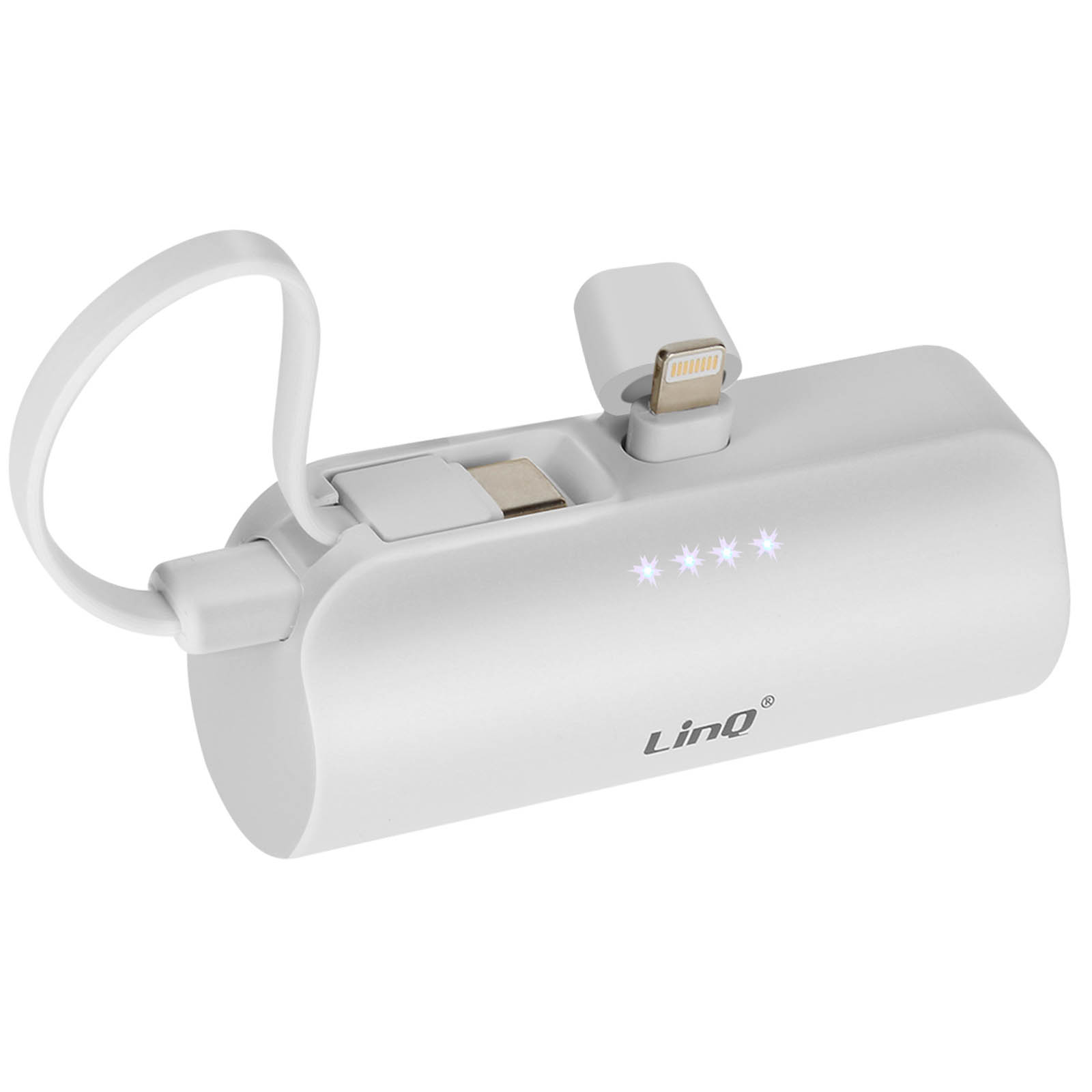 Un power bank bianco con più porte di ricarica, un anello e il logo LinQ.