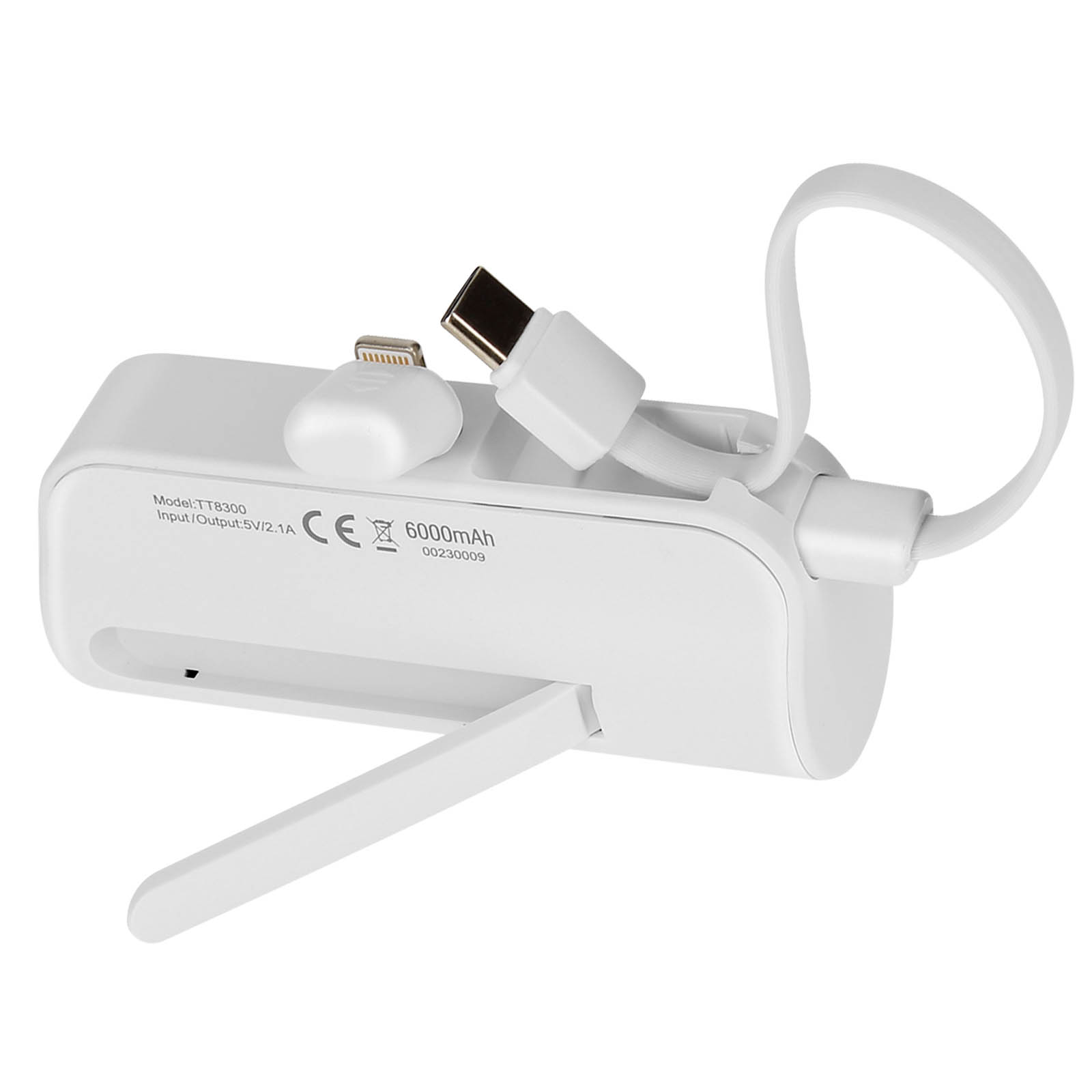 Un power bank bianco con cavi e supporto. Ha un connettore USB-C e Lightning.