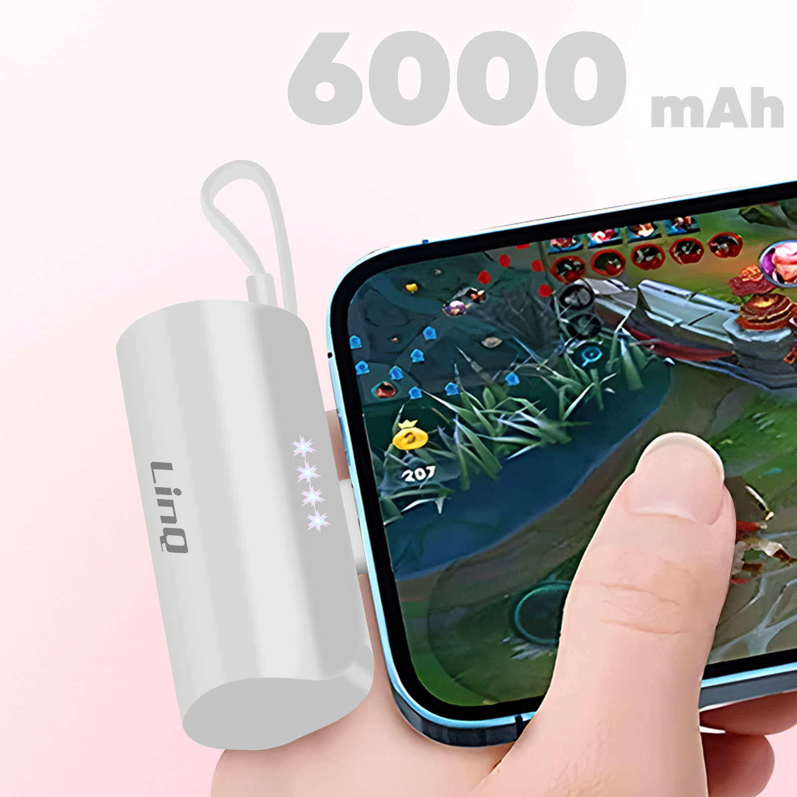 Nella foto ci sono un power bank bianco e un telefono che gioca. Il power bank mostra il marchio Linq e 4 stelle.