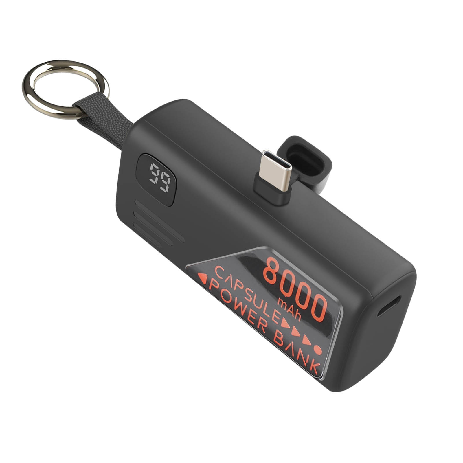 Power bank nero con portachiavi argentato. Ha un display digitale e un'etichetta arancione da 8000 mAh.