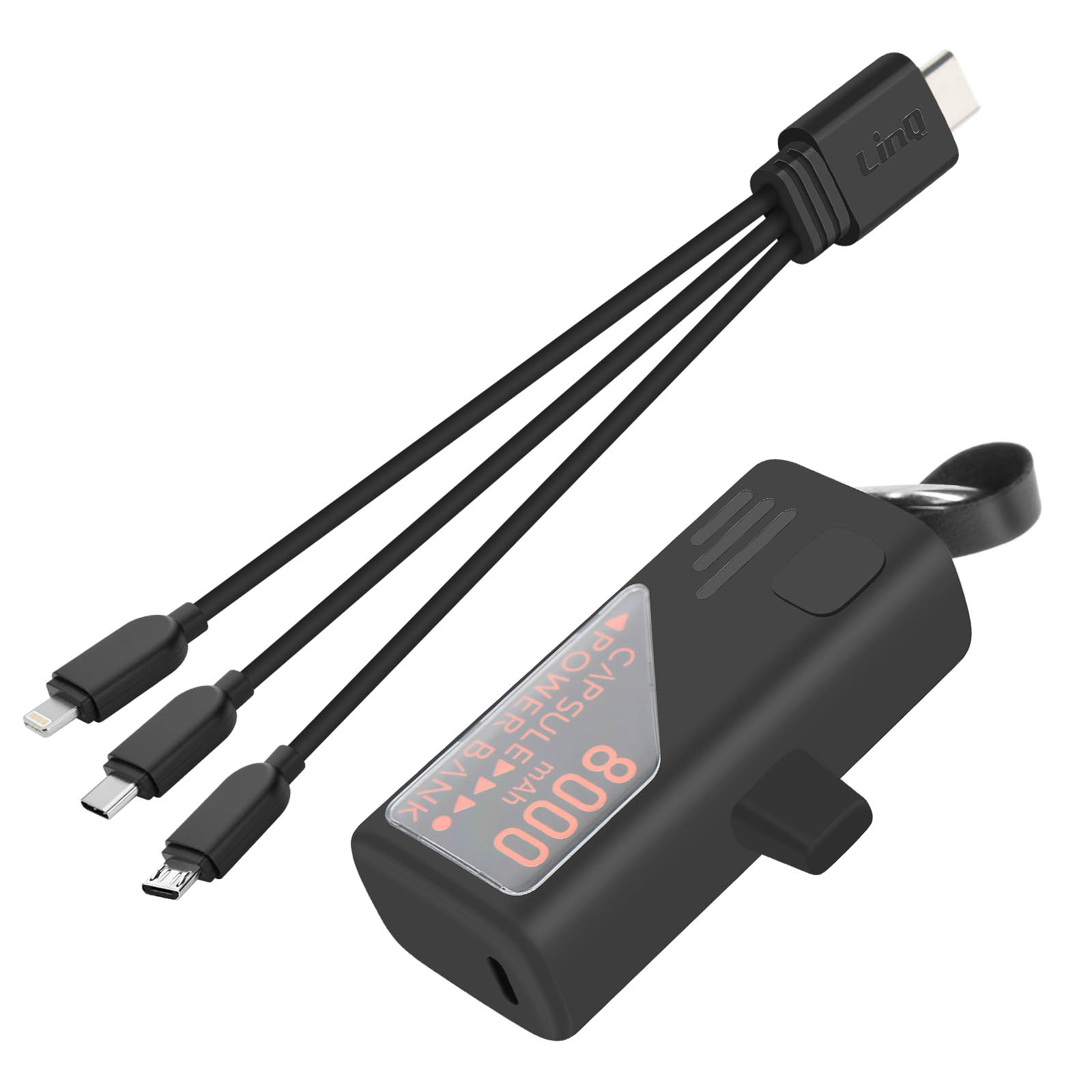 Power bank nera con cavi USB. I cavi hanno connettori Lightning, USB-C e micro-USB. La banca ha 8000 mAh.