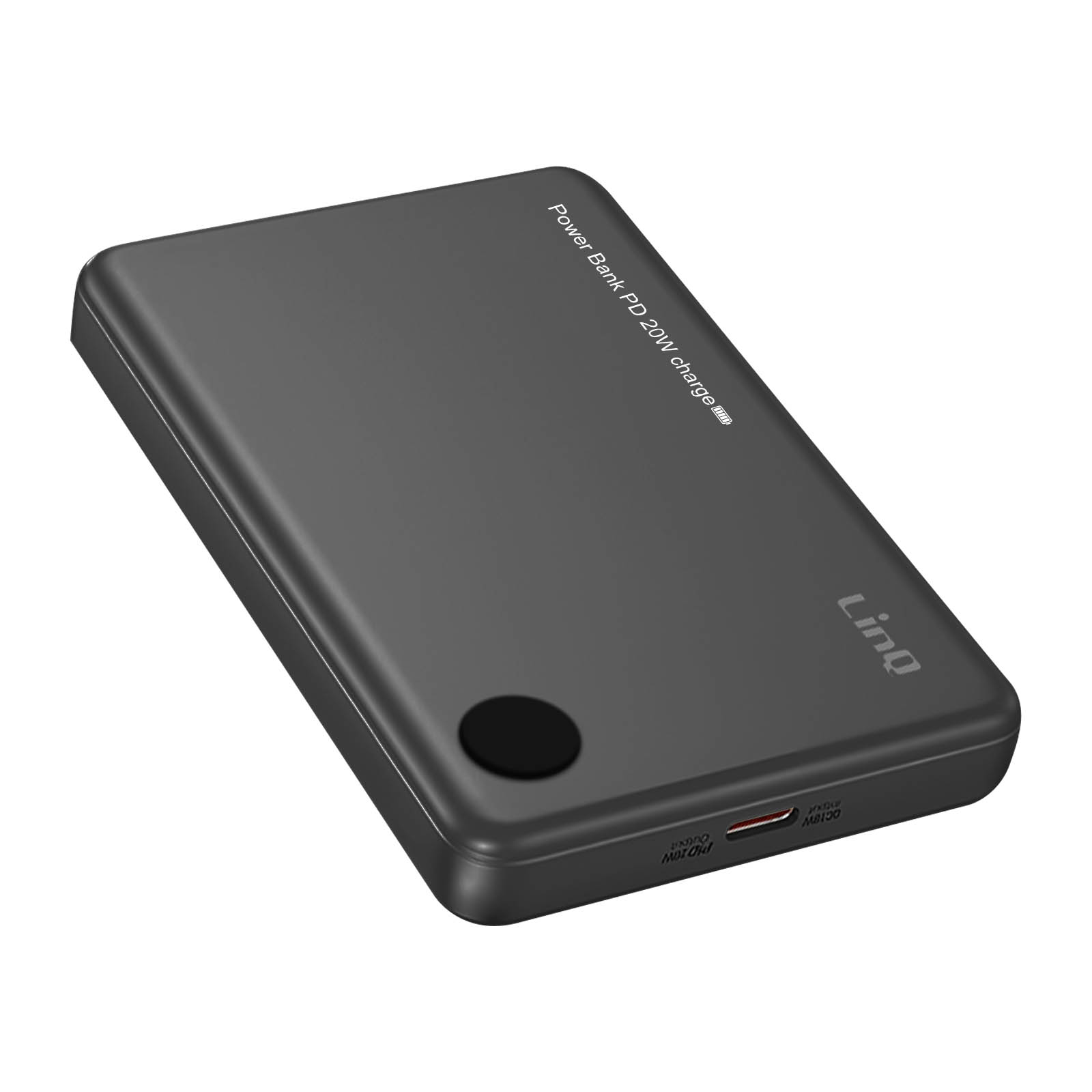 Un power bank gris oscuro con botón negro y la marca 'LinQ'. Tiene impreso 'Power Bank PD 20W charge'.