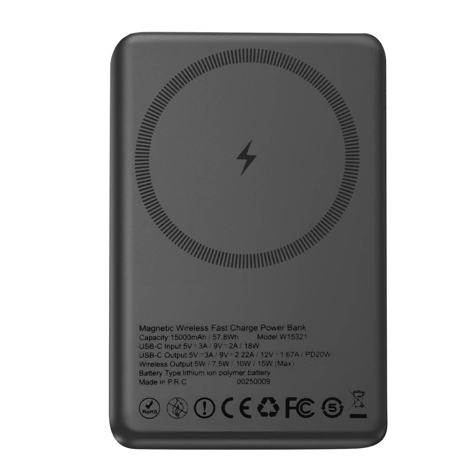 Un power bank gris oscuro con un símbolo de rayo. Tiene un círculo de carga inalámbrica y detalles de texto.