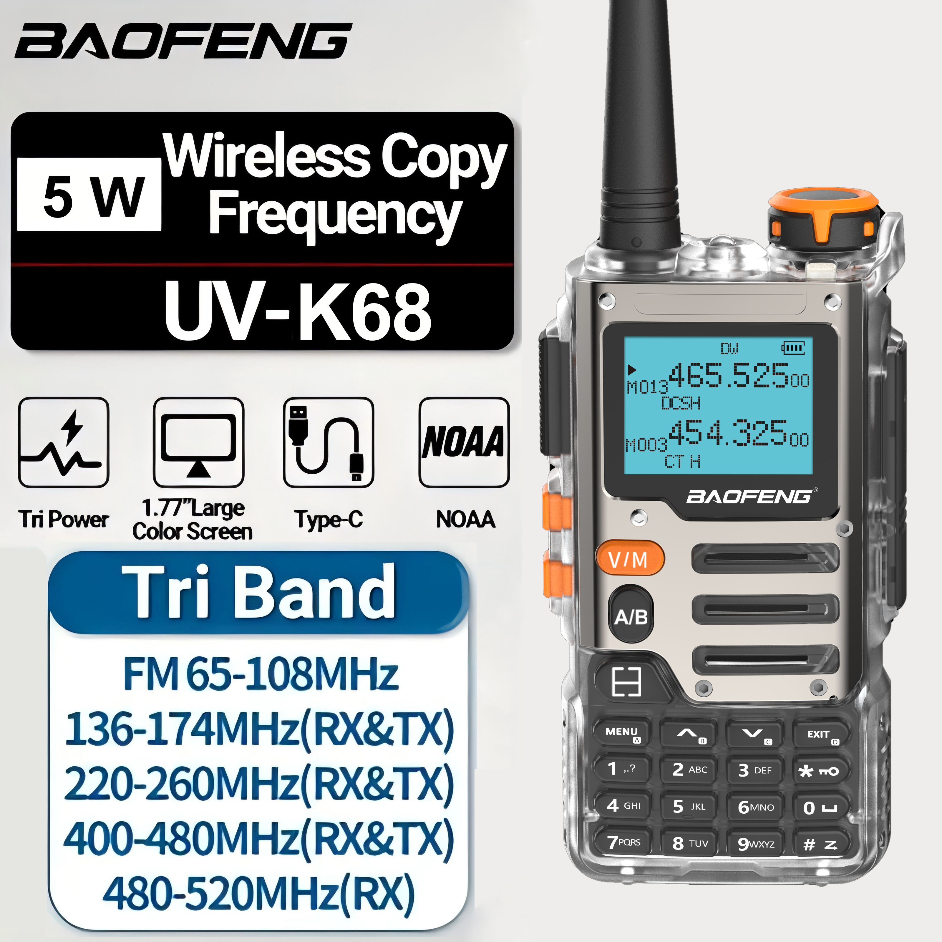 Un walkie-talkie Baofeng UV-K68 con pantalla, botones y antena, con información de frecuencia y especificaciones.