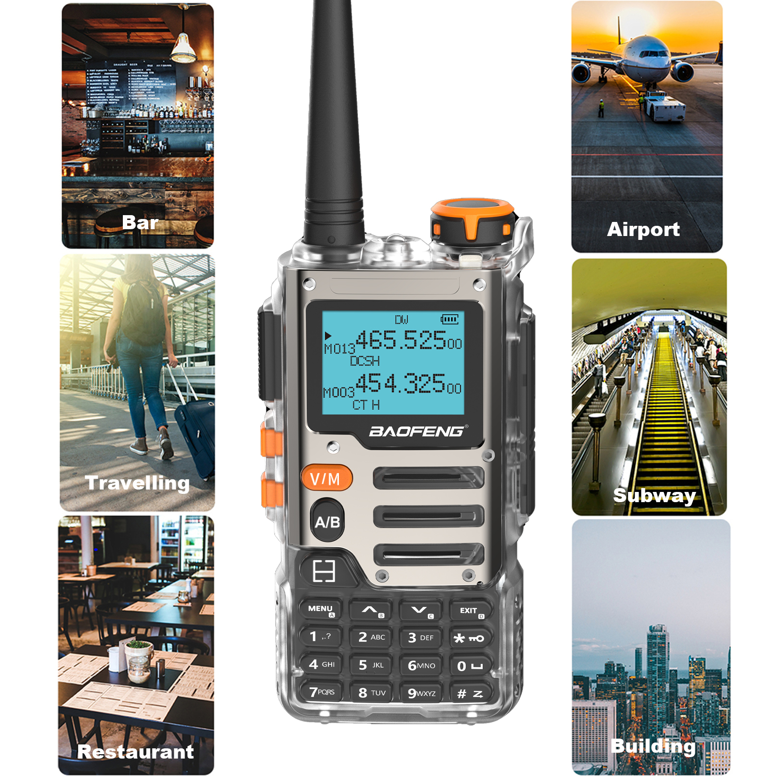 Una radio con pantalla que muestra números, rodeada de imágenes de un bar, aeropuerto, metro, edificio, restaurante y viajero.