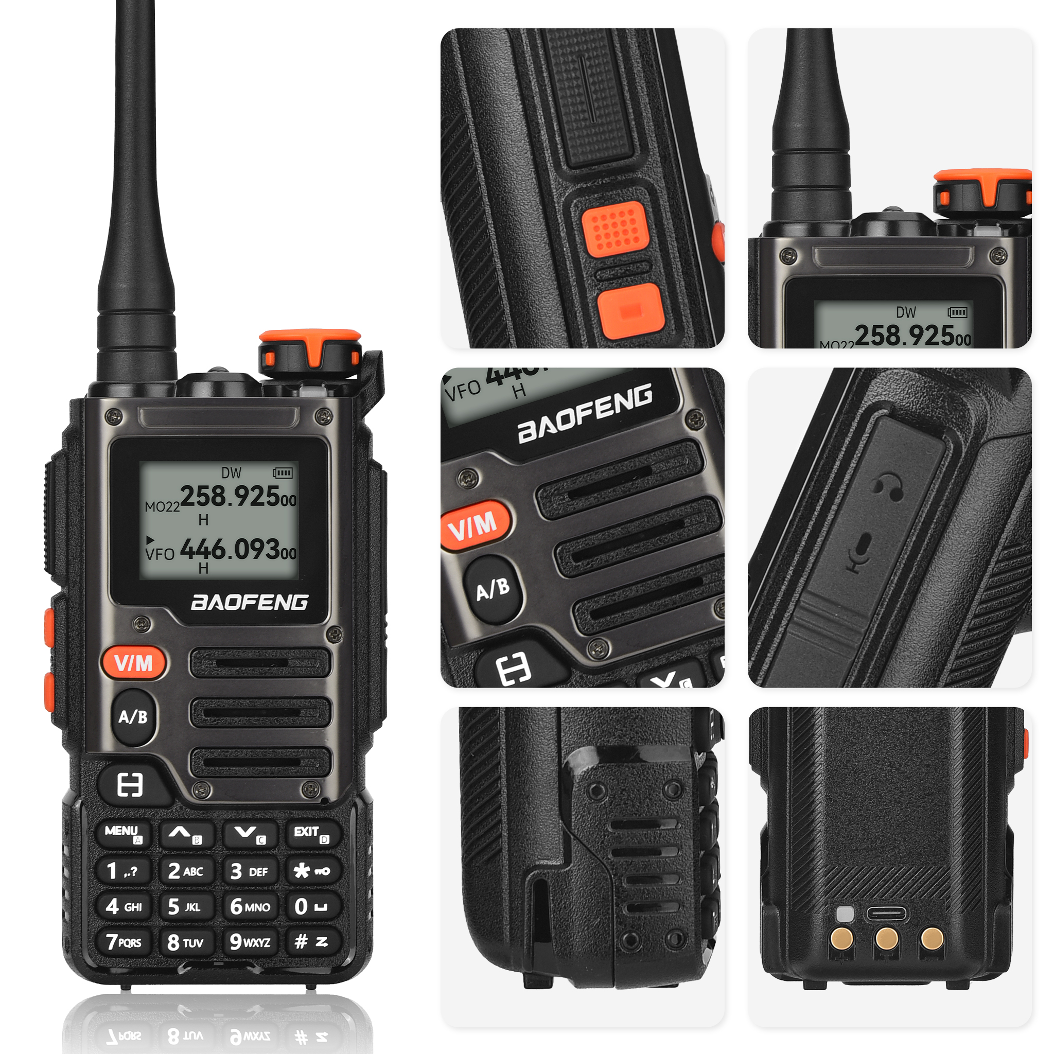 Vista de cerca de un transceptor de radio Baofeng negro y naranja con pantalla y botones.