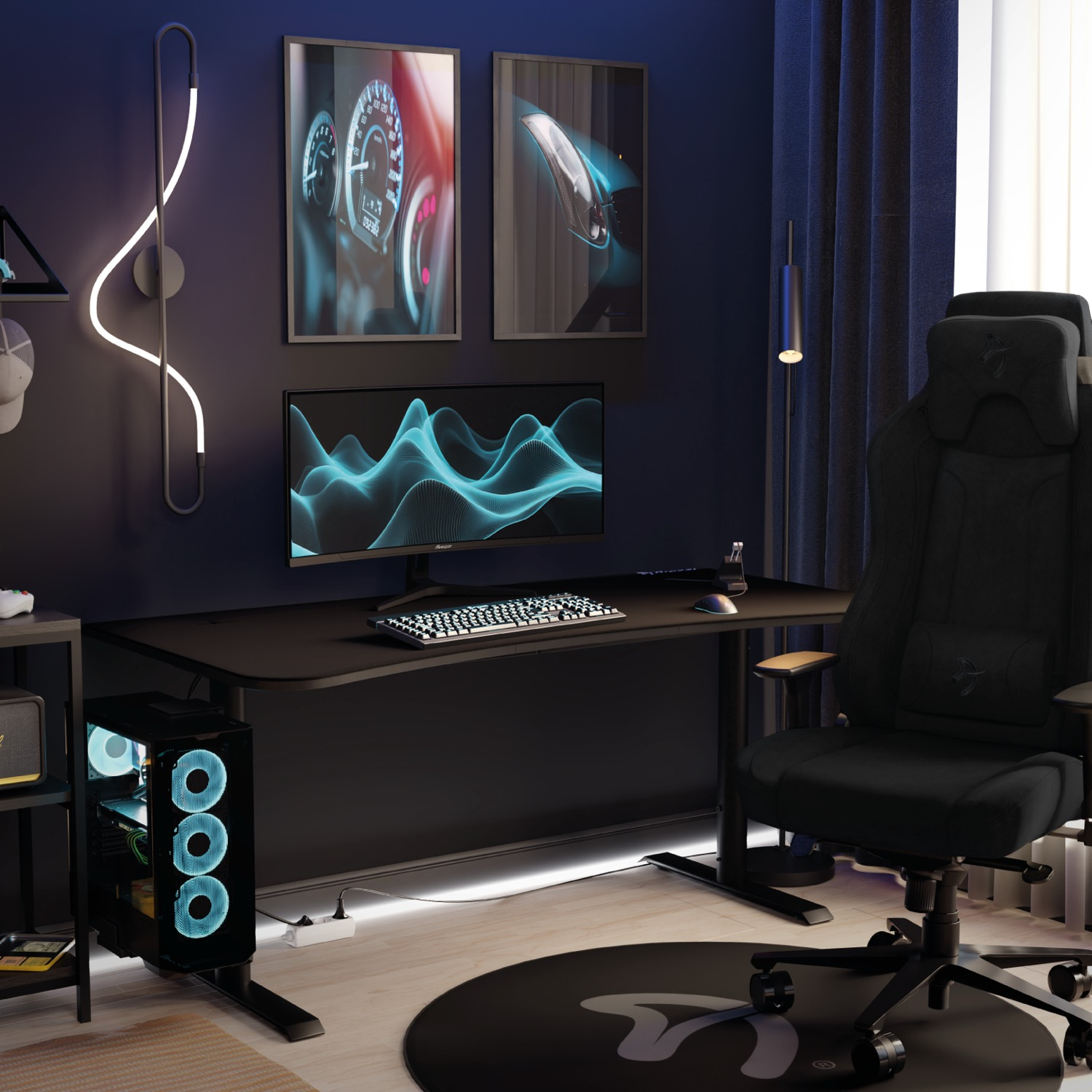 Konfiguracja do gier z czarnym biurkiem, krzesłem i komputerem. Grafika ścienna, neon i okrągły dywan dopełniają scenę.