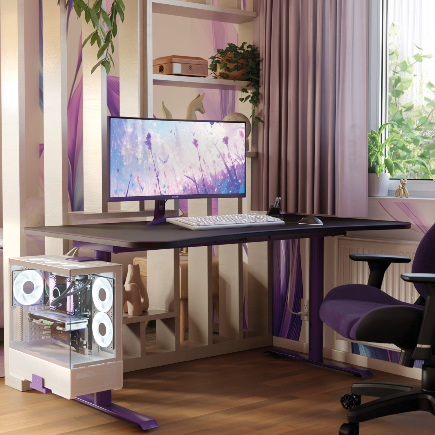 Nowoczesny pokój do gier w fioletowej tematyce. Konfiguracja komputera z monitorem, klawiaturą i myszką. Krzesło do gier i obudowa komputera. Drewniana podłoga i okno.