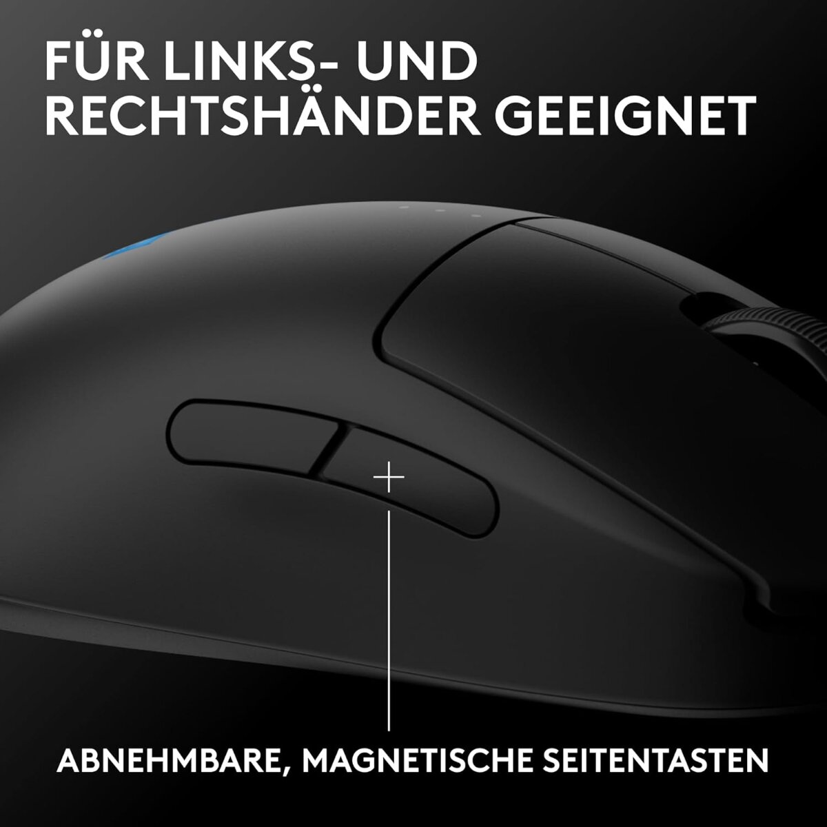 Een zwarte computermuis met afneembare, magnetische zijknoppen. Tekst zegt dat hij geschikt is voor links- en rechtshandigen.