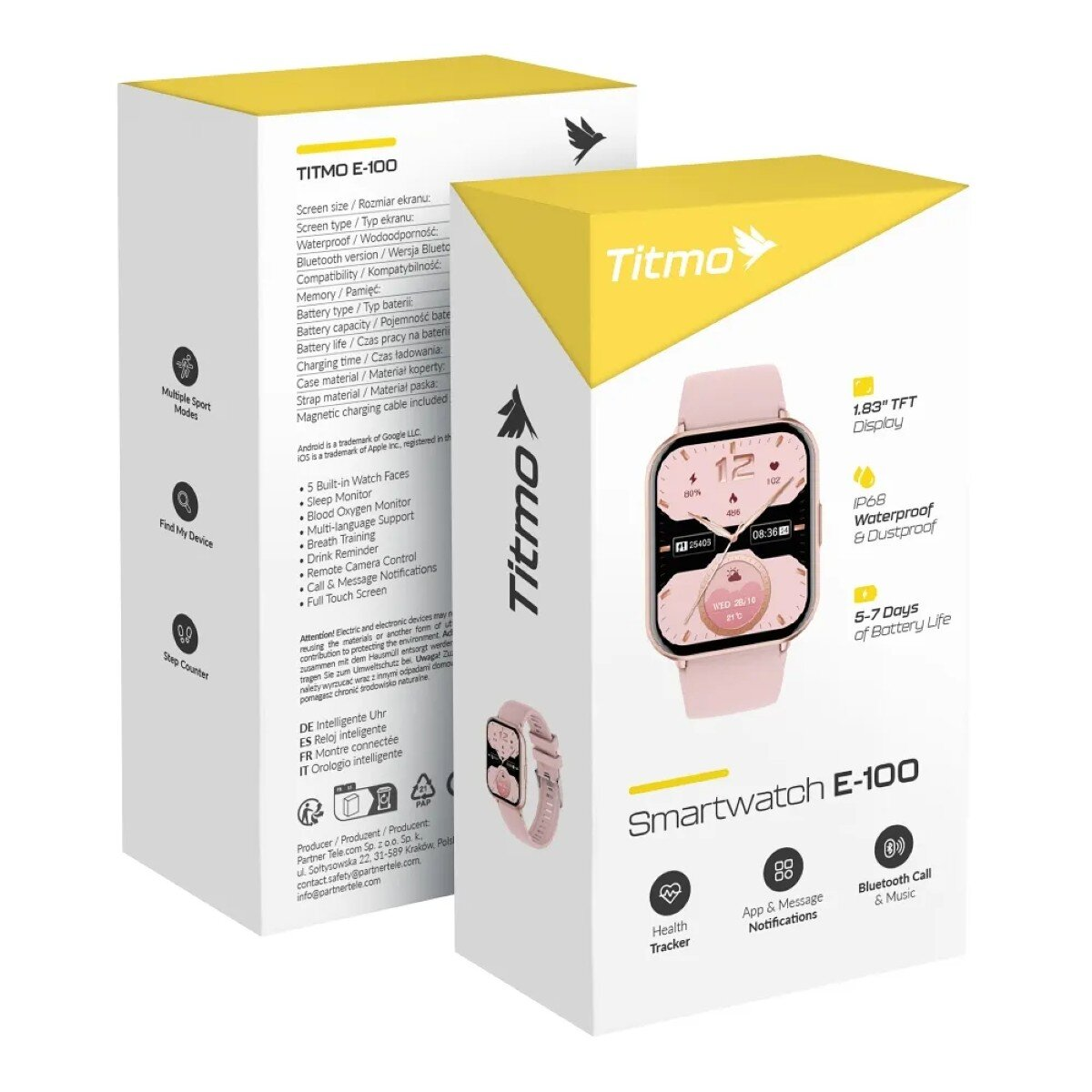 Eine rosa Titmo E-100 Smartwatch-Box. Sie hat Funktionen wie Gesundheitstracker und App-Benachrichtigungen.