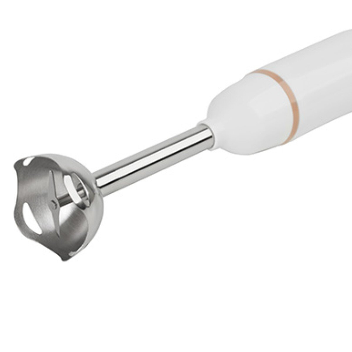 Biały i srebrny blender ręczny. Głowica miksująca jest srebrna, korpus biały z brązowym pierścieniem.