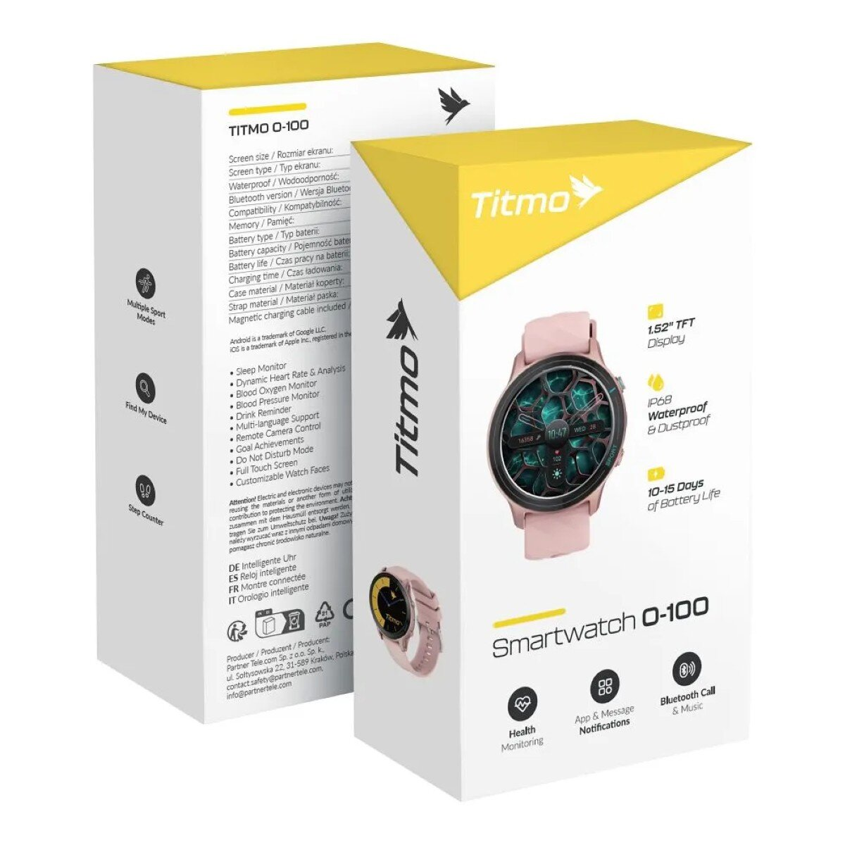 Eine rosa Titmo-Smartwatch-Box mit Produktdetails. Die Uhr wird auf der Box angezeigt.