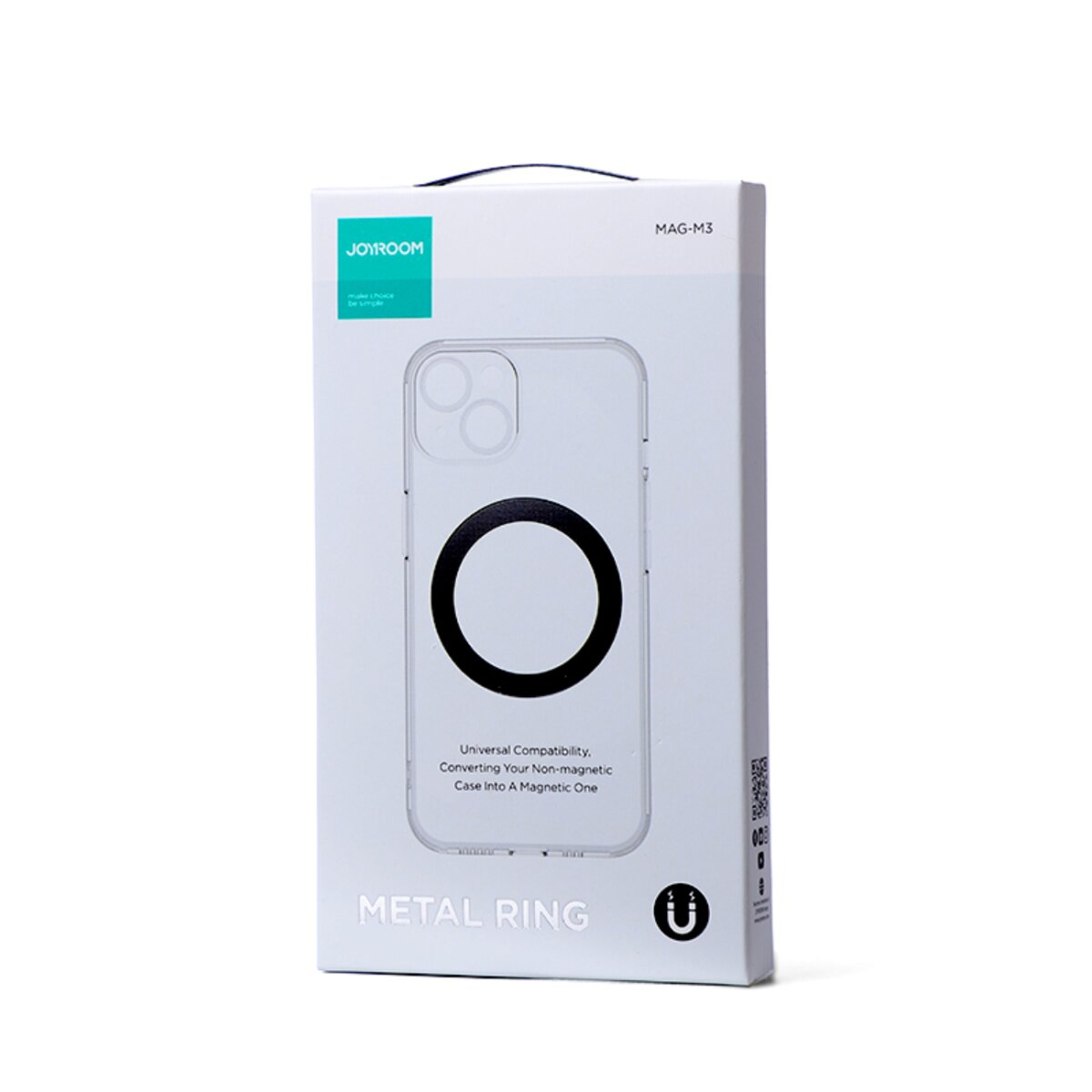 Białe pudełko z ilustracją etui na telefon. Ma pierścień magnetyczny, tekst o kompatybilności i nazwę marki JOYROOM.