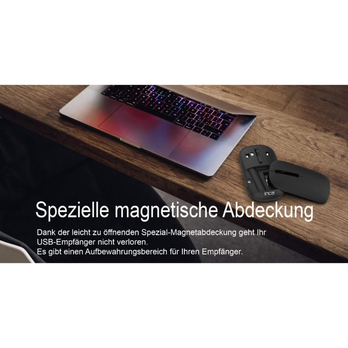 Een laptop en een zwarte muis op een houten tafel. Tekst: 'Speciale magnetische afdekking'. Een muisafdekking is open.