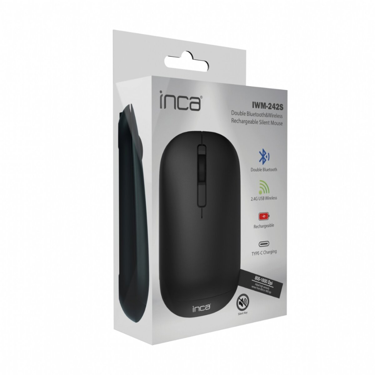 Een zwarte draadloze muis in de verpakking. De doos toont de muis, het merk en functies zoals Bluetooth.