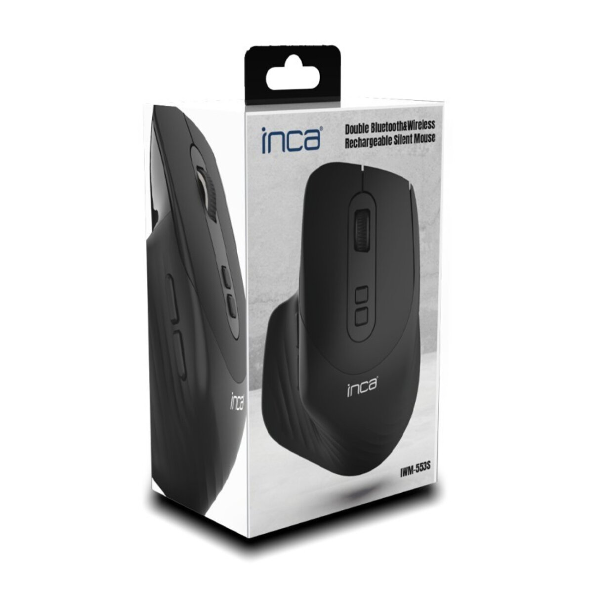 A box with a black wireless mouse. The box has the brand 'inca' and product details. The mouse is rechargeable and silent.